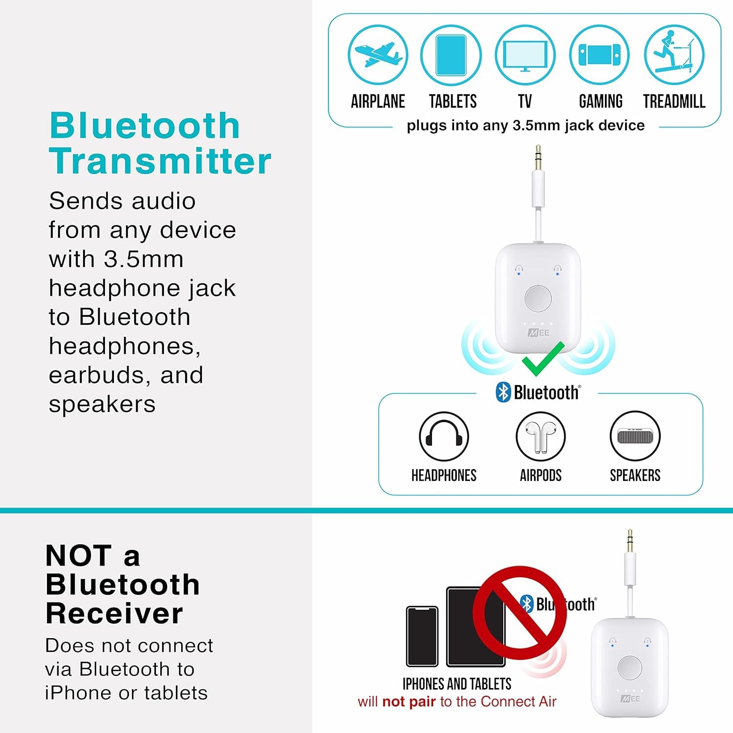 Mee Audio Connect Air In-Flight Bluetooth Wireless Audio Transmitter, With Extra Dual 3.5Mm Jack Aux Adapter, For Up To 2 Airpod