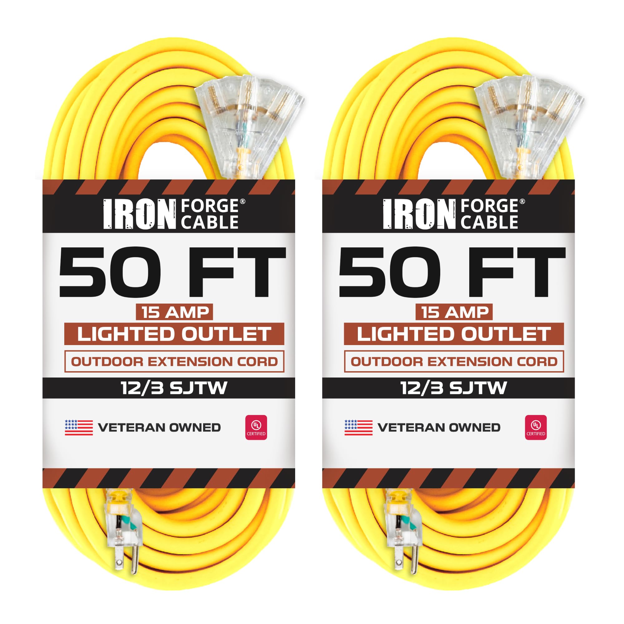 Iron Forge Cable 3 Outlet Lighted Outdoor Extension Cord 50 Ft 2 Pack   12 Gauge 15 Amp Heavy Duty Power Extension Cords   Sjtw