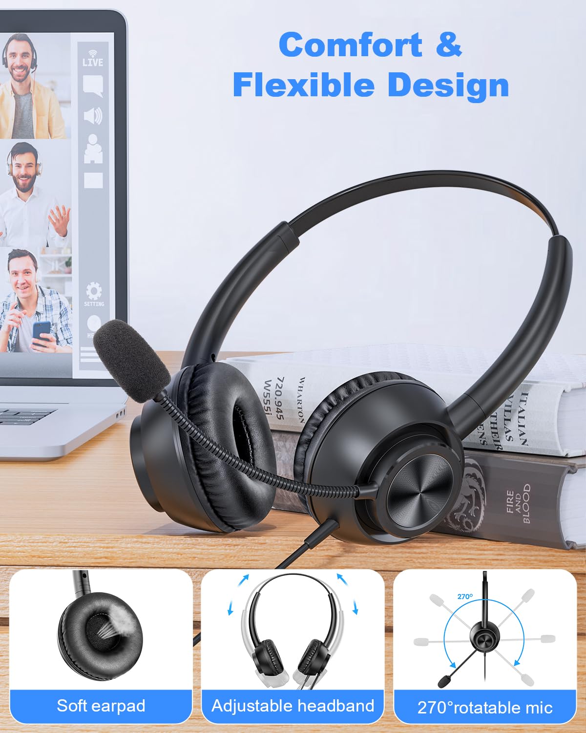 Usb Headset With Microphone For Pc, Computer Headset With Mic, Wired Headset With Usb A & Usb C, Mute, In Line Controls Call Center Headset For Work Pc Laptop Office Phone Meeting Zoom Skype
