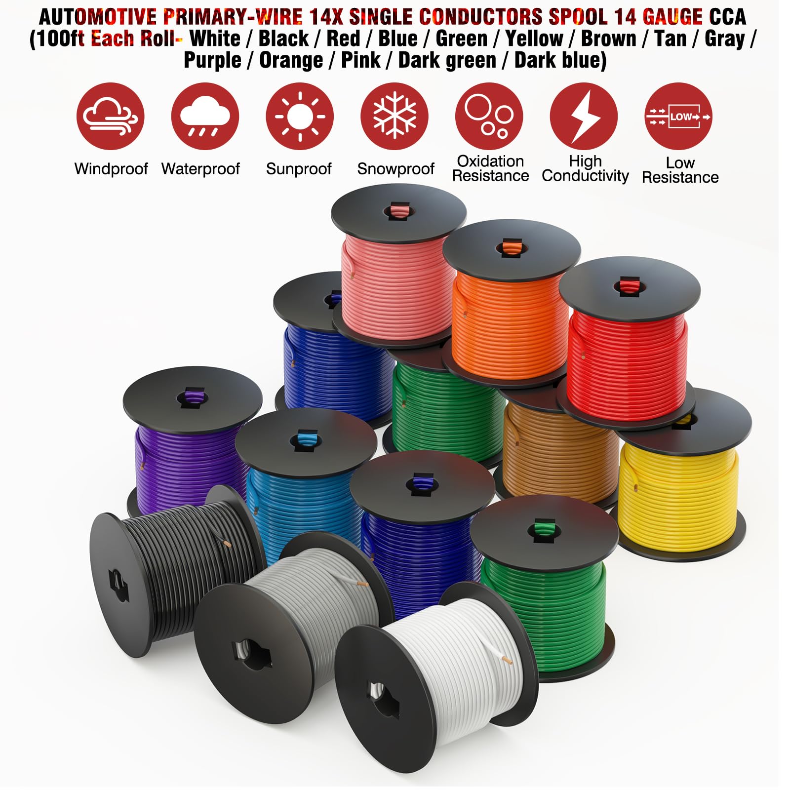 Suzco 14 Rolls 100Ft Automotive Primary Wire Spools Single Conductos Standards 14 Gauge Sae J1128, M1L56A & Ms3450 Cca Low Volta