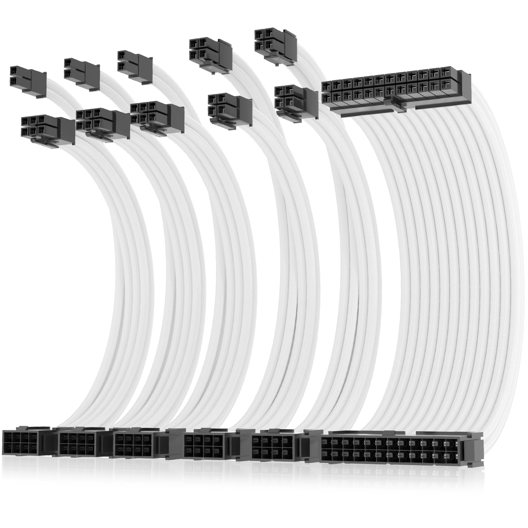 Asiahorse 16Awg Pro Power Supply Sleeved Cable, White Power Supply Extension Cable Dual Eps Kit, 1X24 Pin/ 2X8 Port (4+4) M/B,3X
