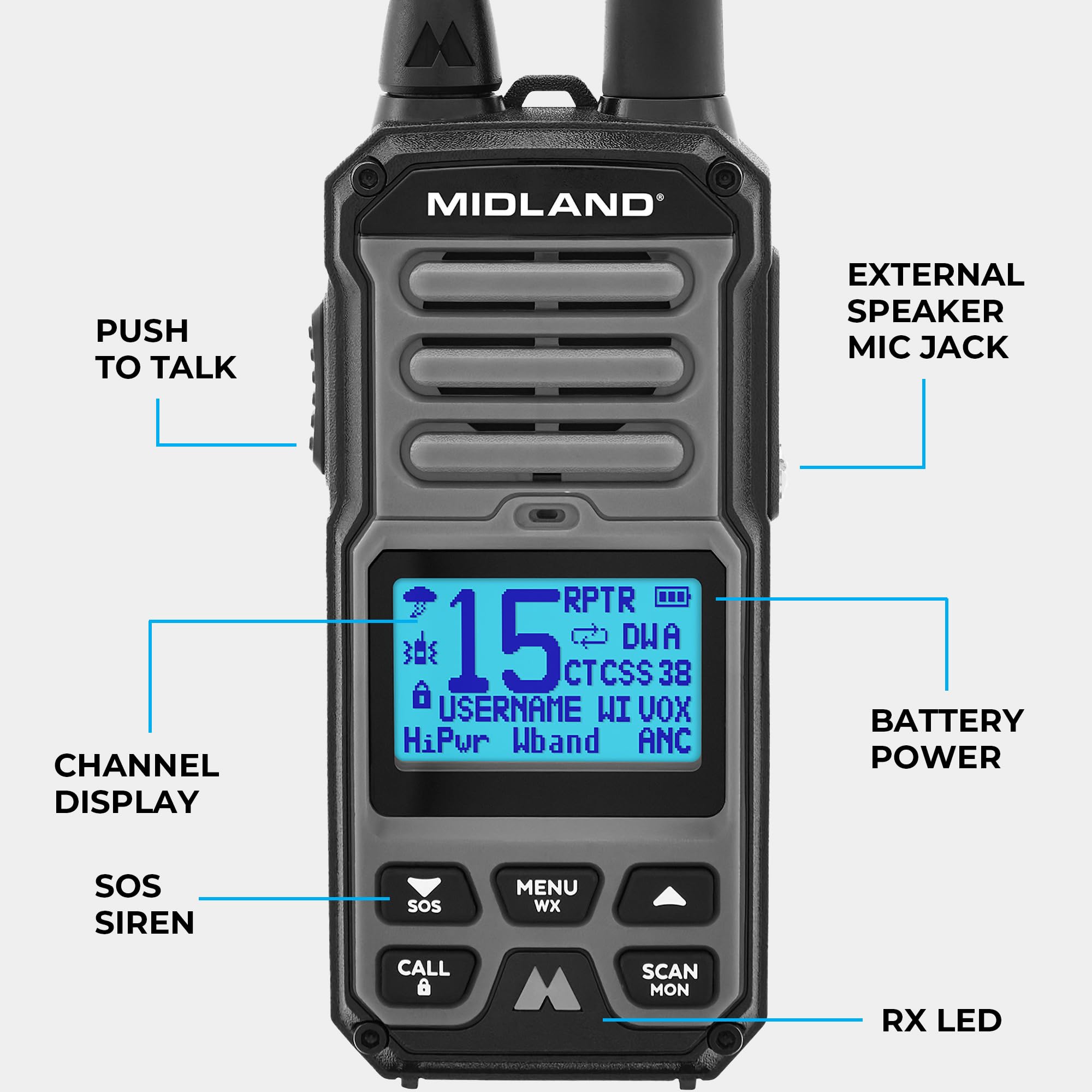 Midland Gxt67 Pro Gmrs Radio   Two Way Midland Walkie Talkie   Repeater Capable, Ip67 Waterproof, Active Noise Canceling, Hands