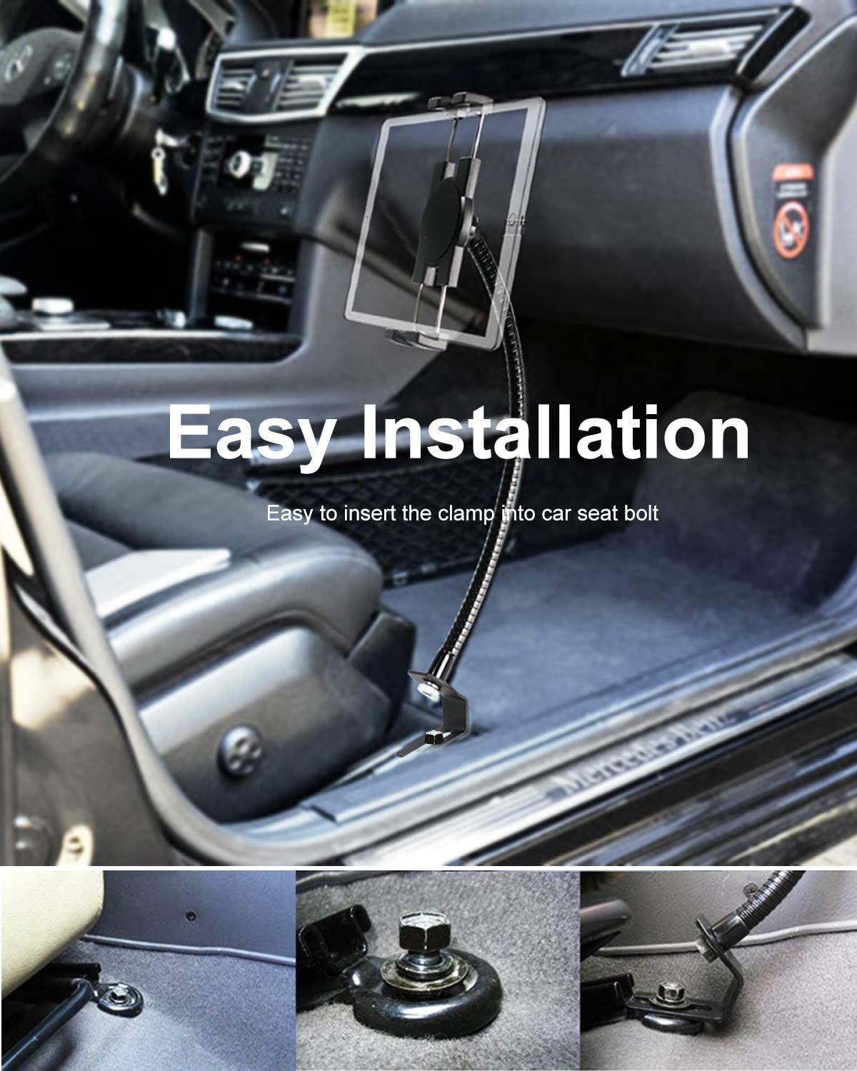 Woleyi Car Or Truck Seat Rail Tablet Mount, Heavy Duty Gooseneck Car Floor Tablet & Phone Holder For Ipad Pro 9.7, 11, 12.9/ Air