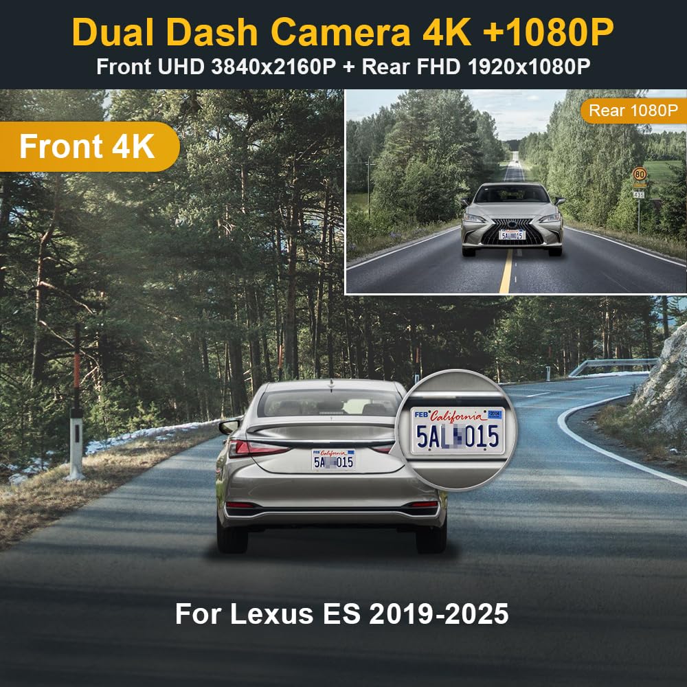 Fitcamx Front 2160P+Rear 1080P Dash Cam Adapts For Lexus Es 2019 2025 Es350 Es300H Es250 F Sport, Oem Style, Dual Hd Video, Buil
