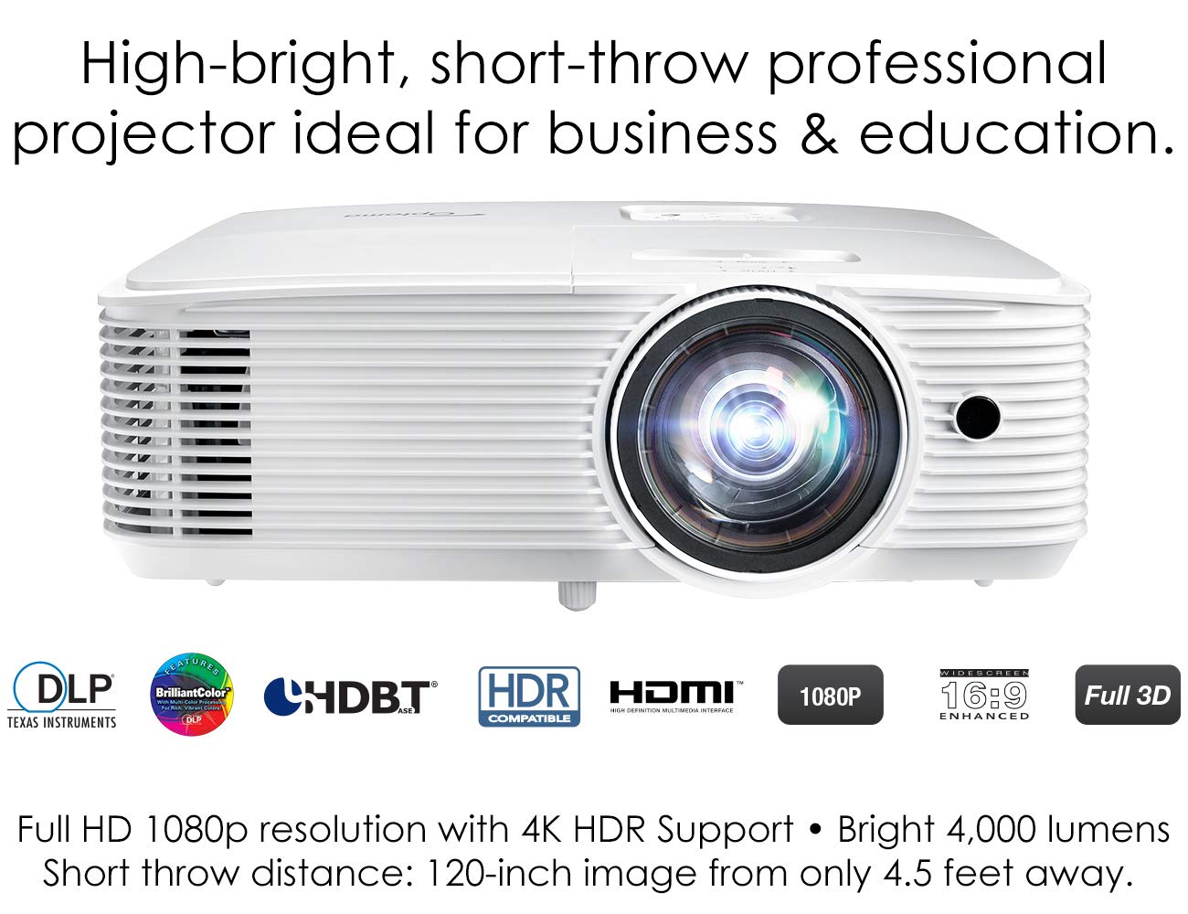 Optoma Eh412St Short Throw 1080P Hdr Professional Projector | Super Bright 4000 Lumens | Business Presentations, Classrooms, Or Meeting Rooms | 15,000 Hour Lamp Life | Speaker Built In | Portable