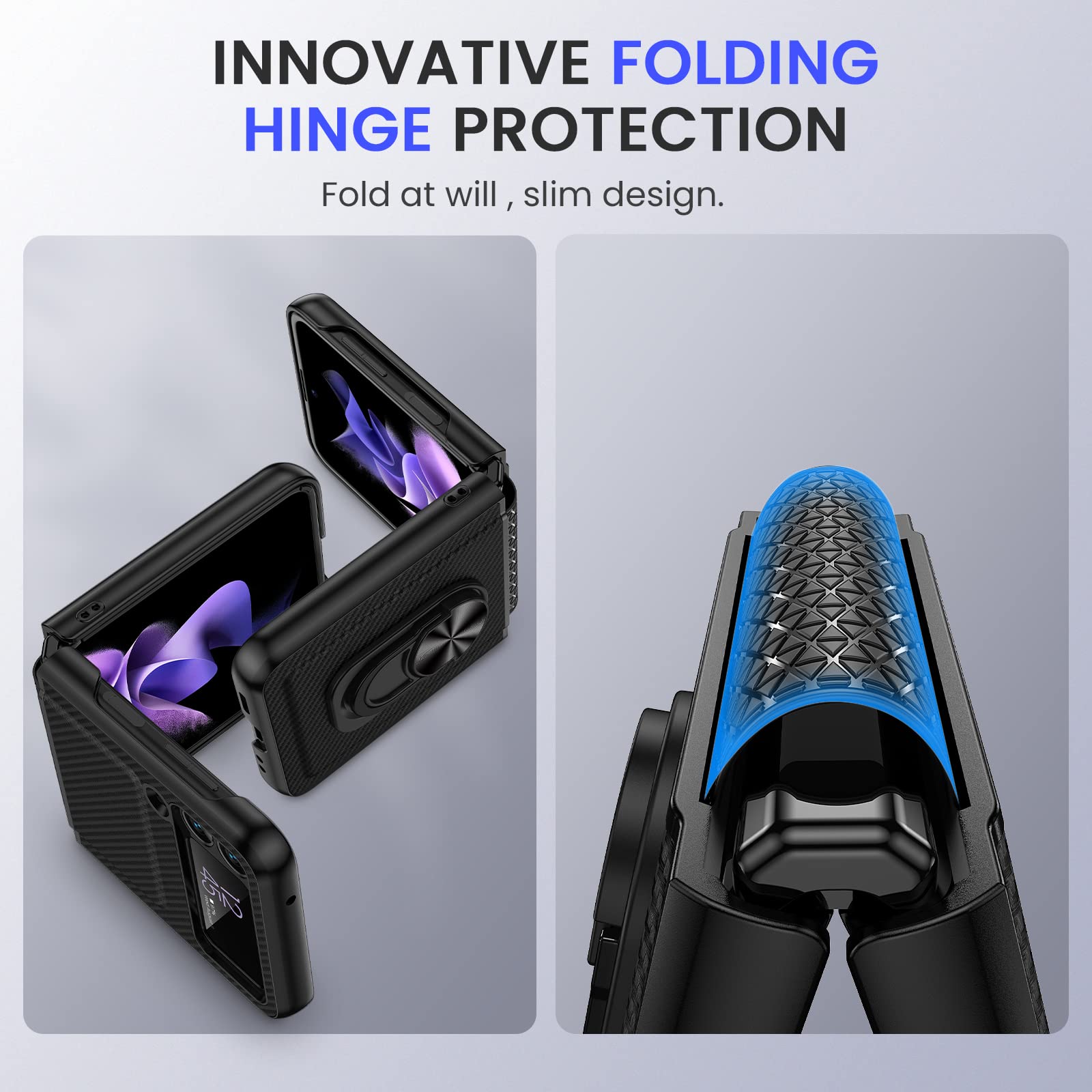 Vego For Galaxy Z Flip 3 Stand Case With Hinge Protection, Full Body Protective Case With Built In Glass Camera Lens Protector F