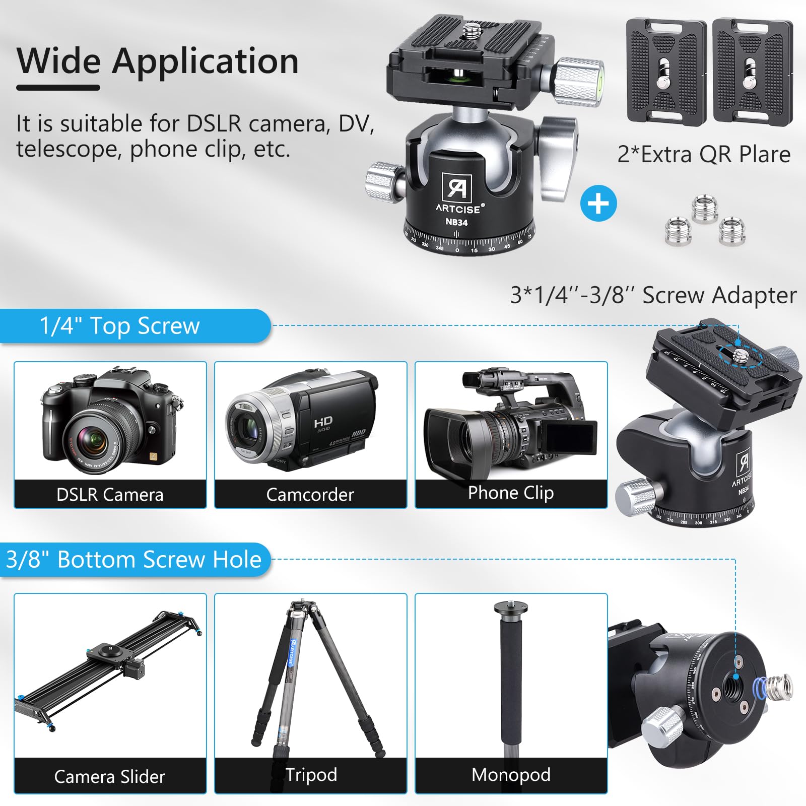 34Mm Ball Low Profile Tripod Head With 2 Arca Swiss Quick Release Plates Professional Cnc Aluminum 360 Rotating Panoramic Ball Head For Dslr Cameras Monopod Camcorder Slider Max Loading 33.1Lbs/15Kg