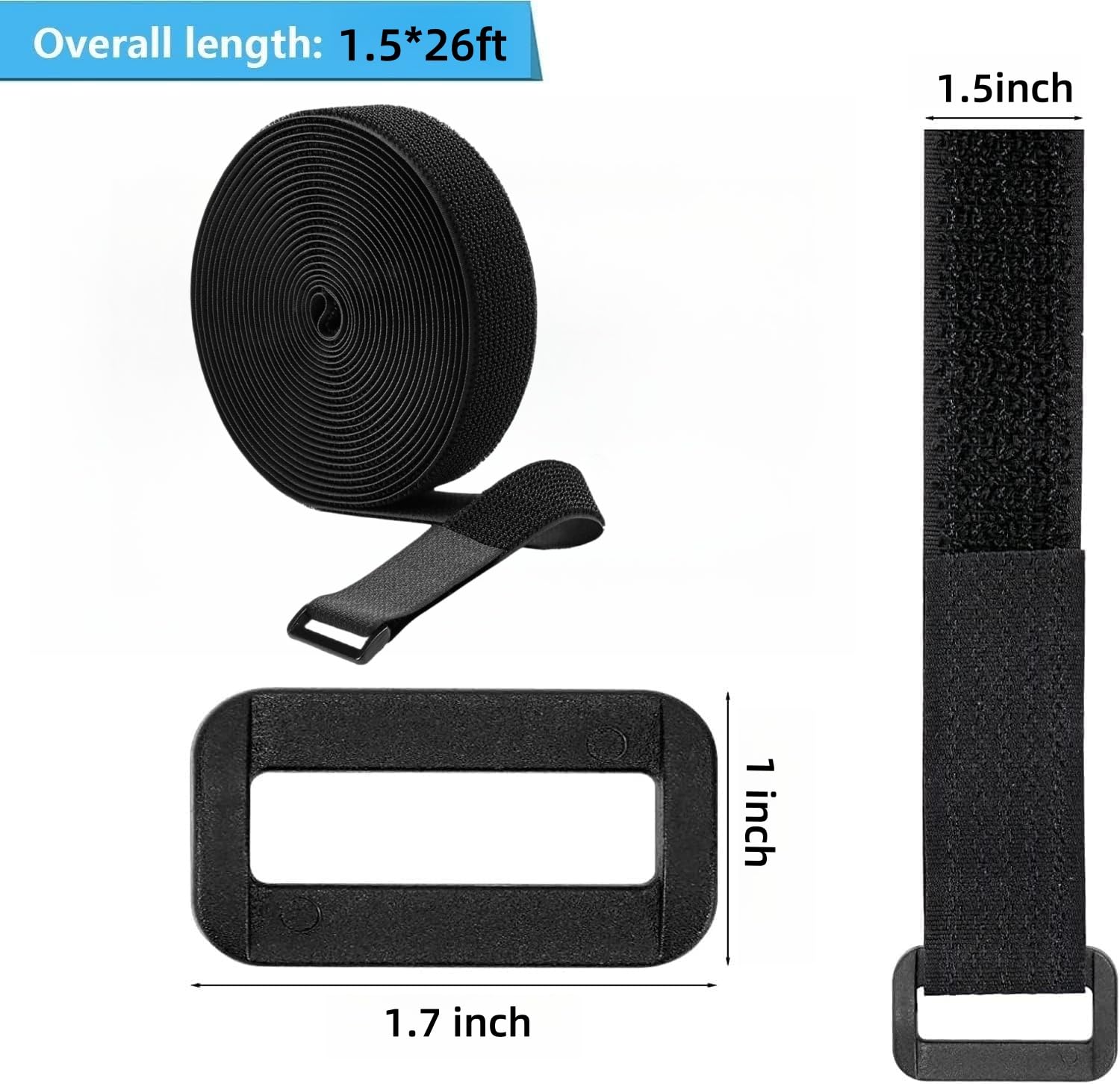 1.5 Inch Wide 26Ft Cable Straps With 20 Buckles, Heavy Duty Nylon Hook And Loop Straps For Fastening Securing, Reusable Cut To L