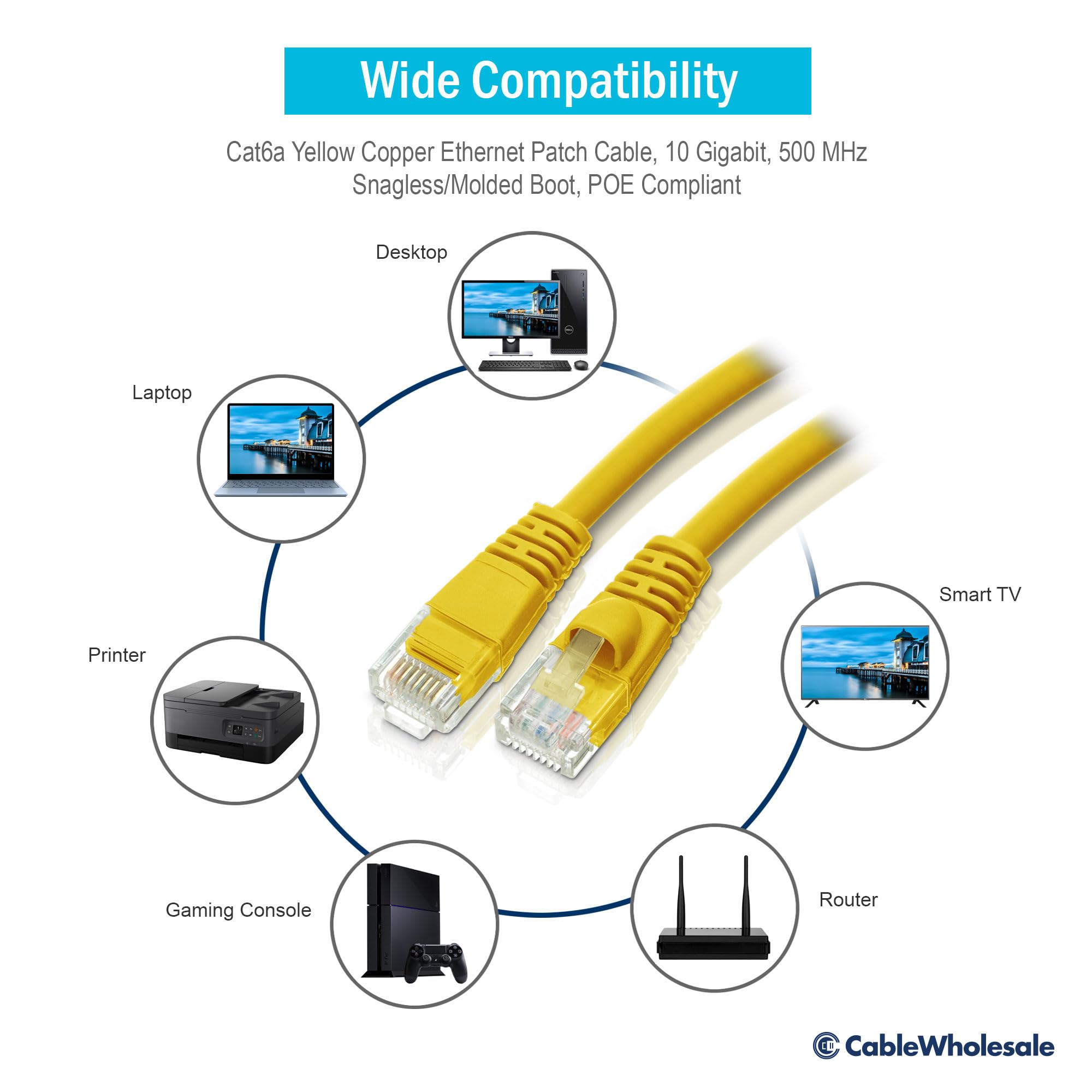Cablewholesale 15 Foot Yellow Cat6A Ethernet Patch Cable, Snagless/Boot With Rj45 Connector, 500 Mhz, 24 Awg, Utp(Unshielded Twi