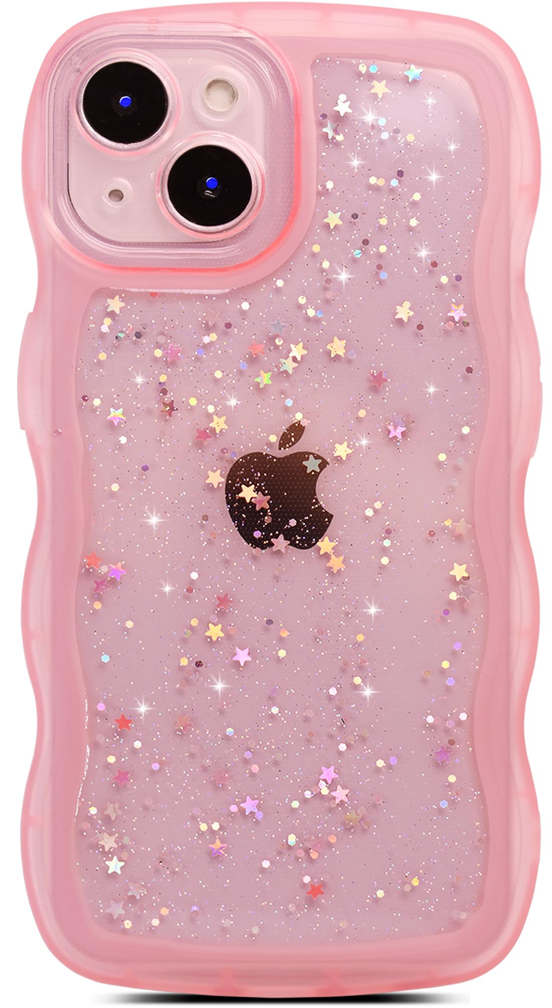 Qokey For Iphone 14 Plus Case 6.7'' Curly Wave Edge Design Transparent Bling Glitter Star Shiny Case Cute Clear Transparent Full
