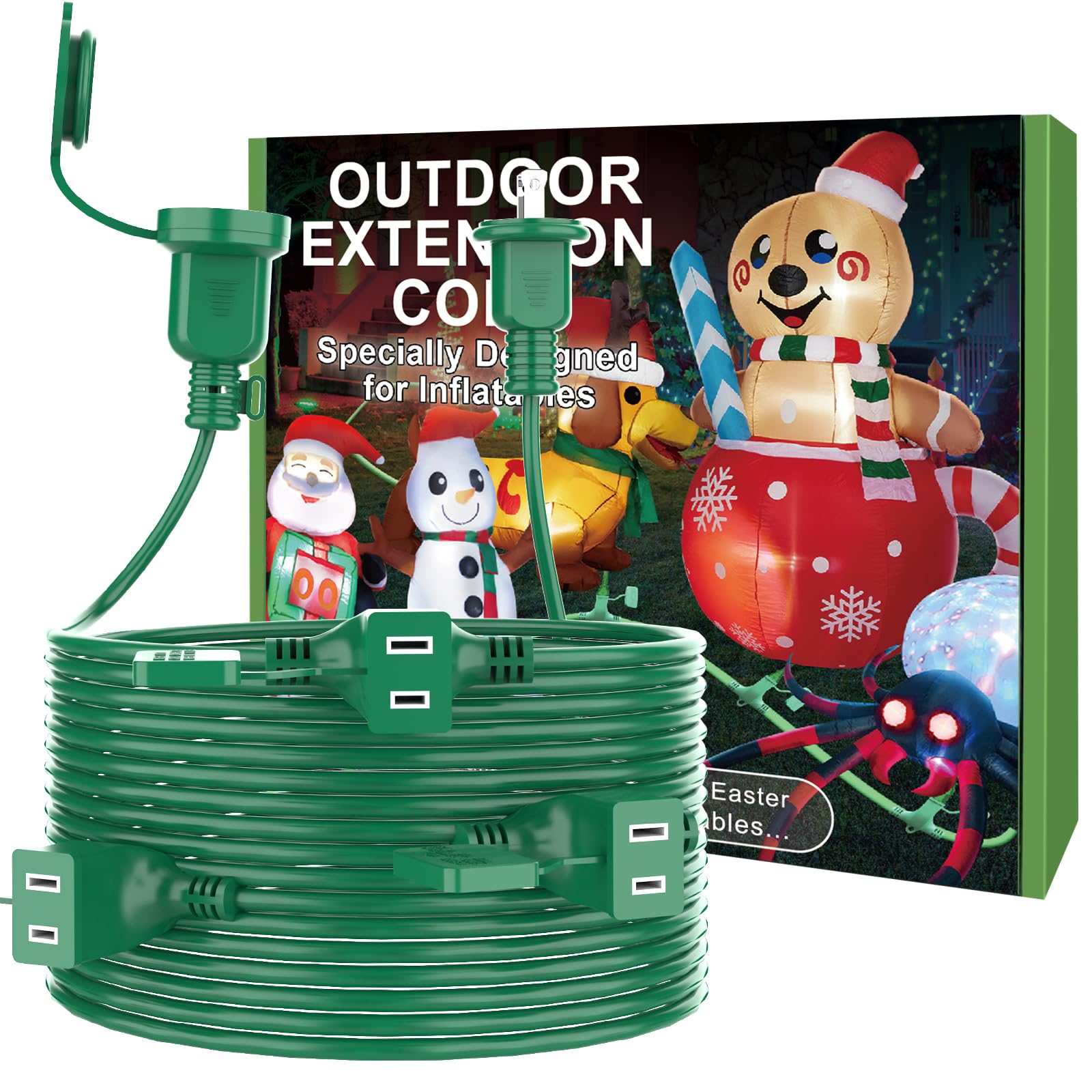 50Ft Long Green Extension Cord 3 Outlets For Christmas Inflatables Blow Ups Yard Outdoor Outside Decorations Extension Cords Wit