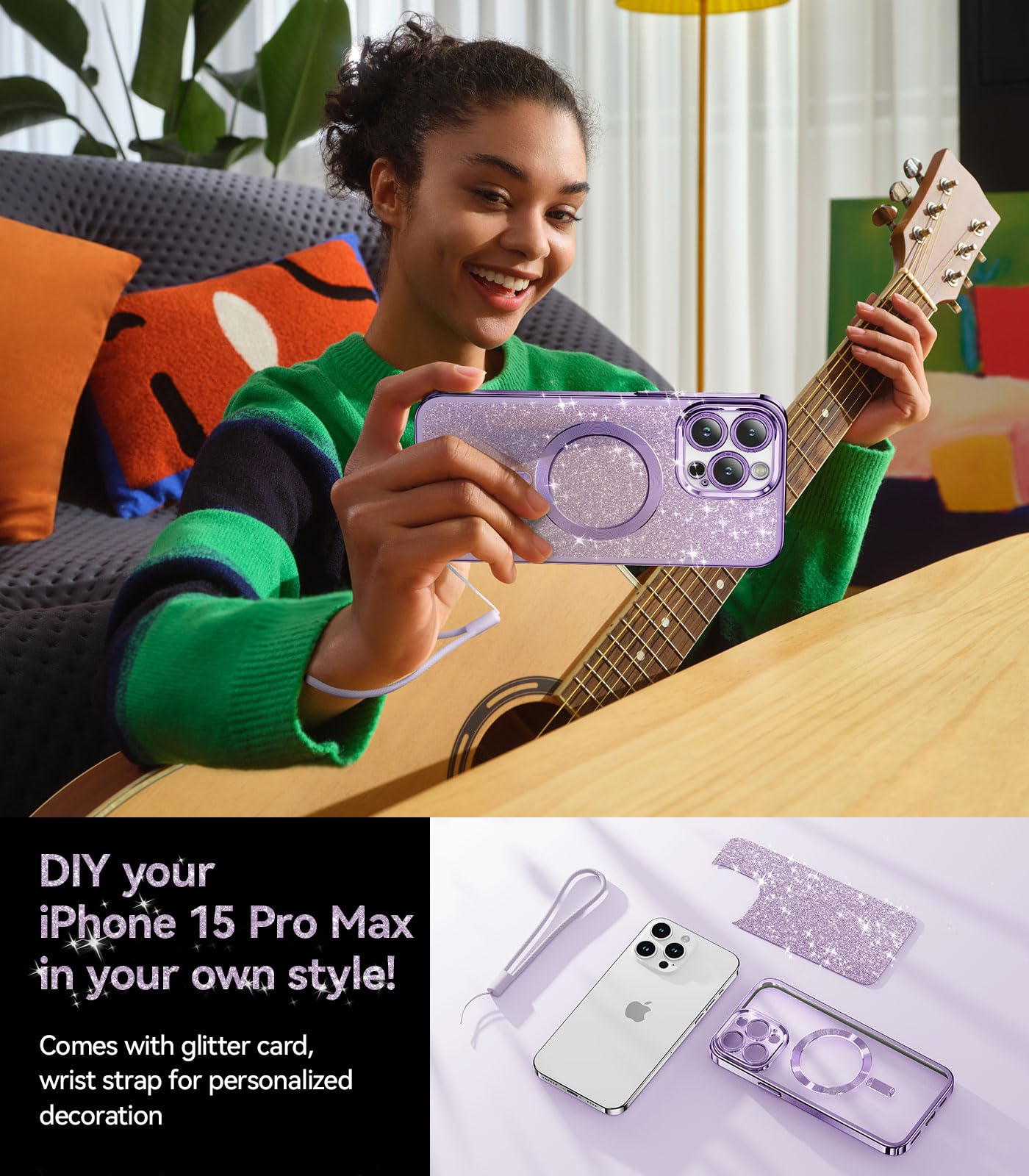 Meifigno Candy Mag Series Case Designed For Iphone 15 Pro Max, [Compatible With Magsafe][Glitter Card & Wrist Strap] Full Camera