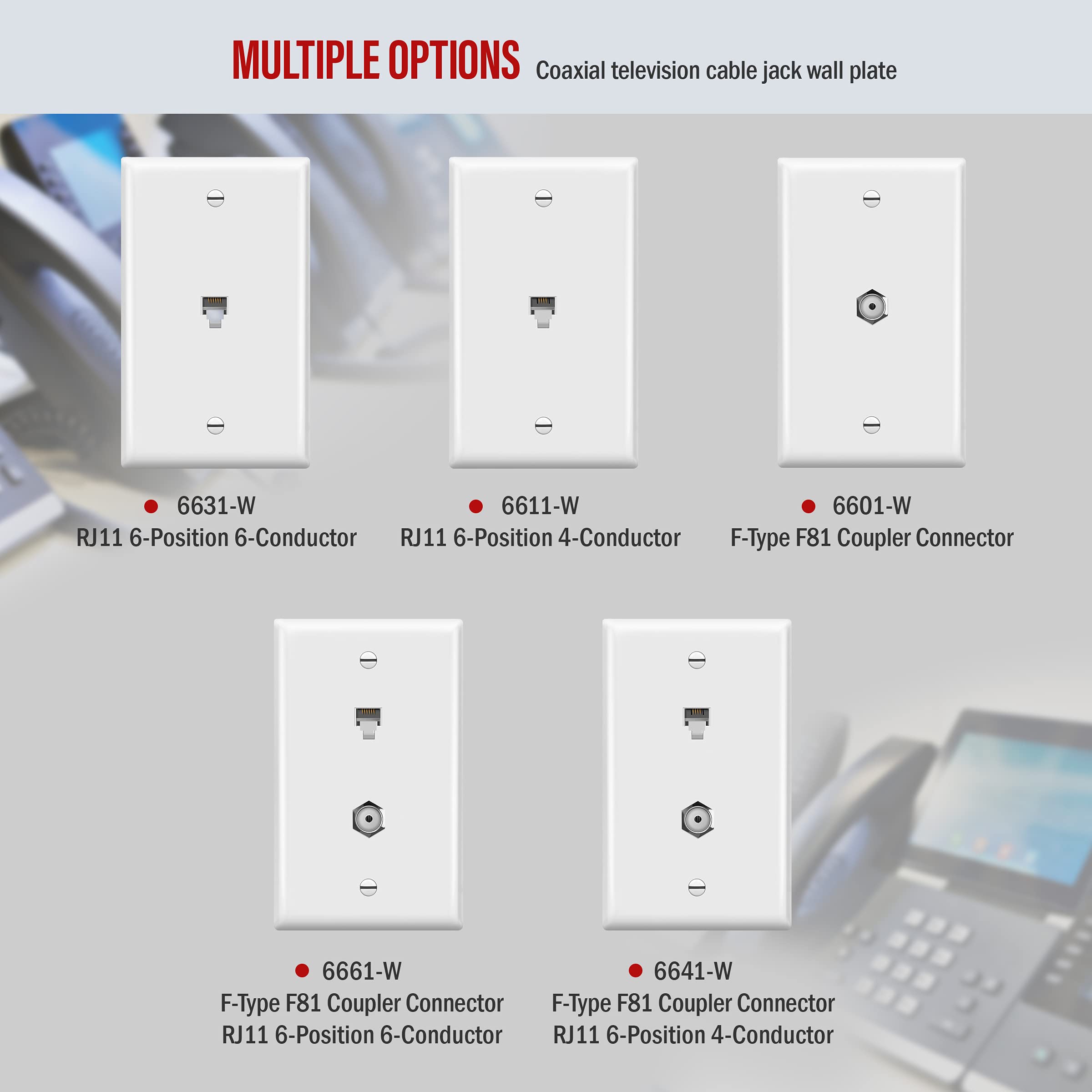 Enerlites Rj11 Telephone Jack Wall Plate, 6 Position 6 Conductor 6P6C (2 Line Support), 1 Gang 4.50'' X 2.76'', 6631 W 10Pcs, Wh