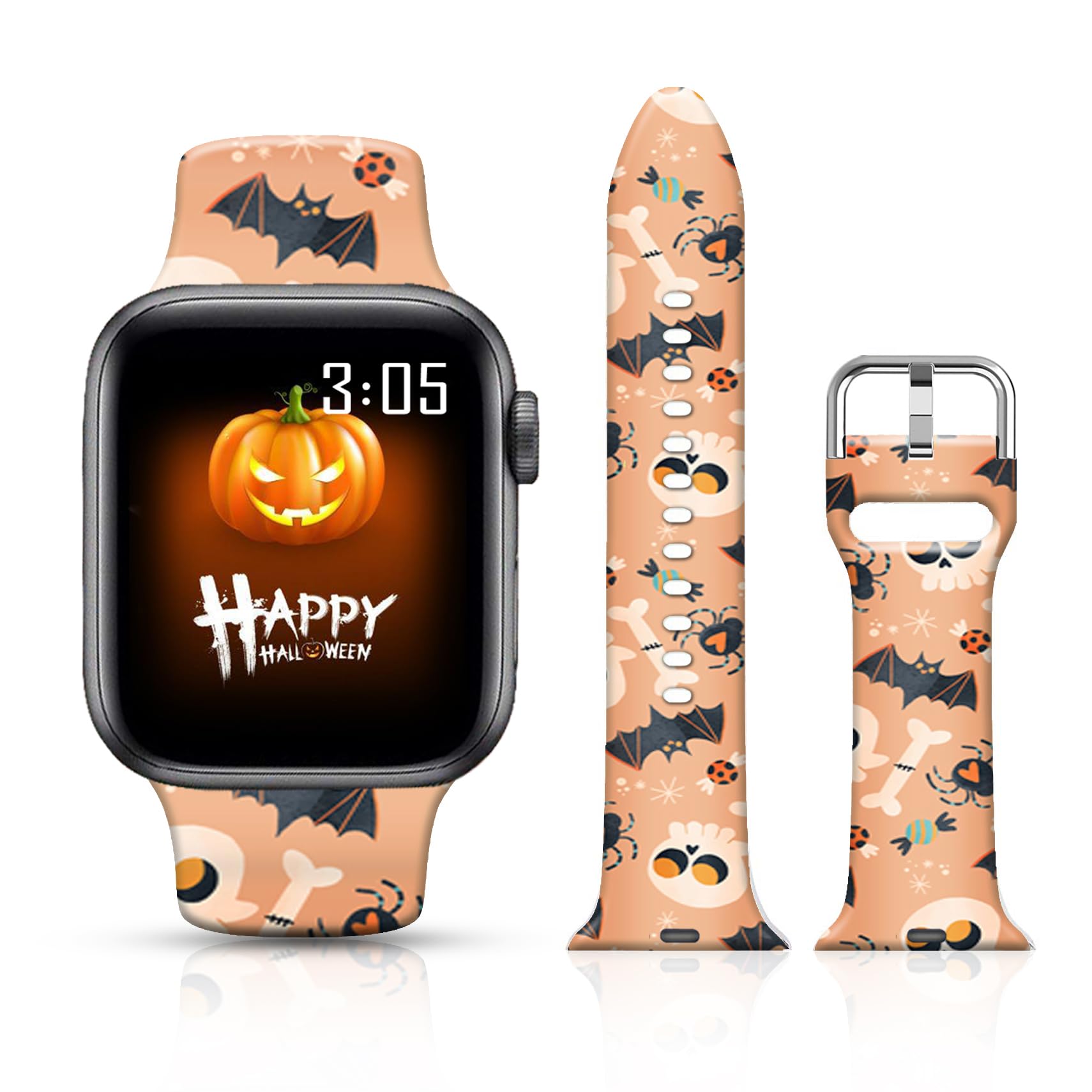 Ftfcase Fall Halloween Floral Silicone Bands Compatible With Apple Watch 41Mm 40Mm 38Mm, Skeleton Bat Flower Sport Strap Replace