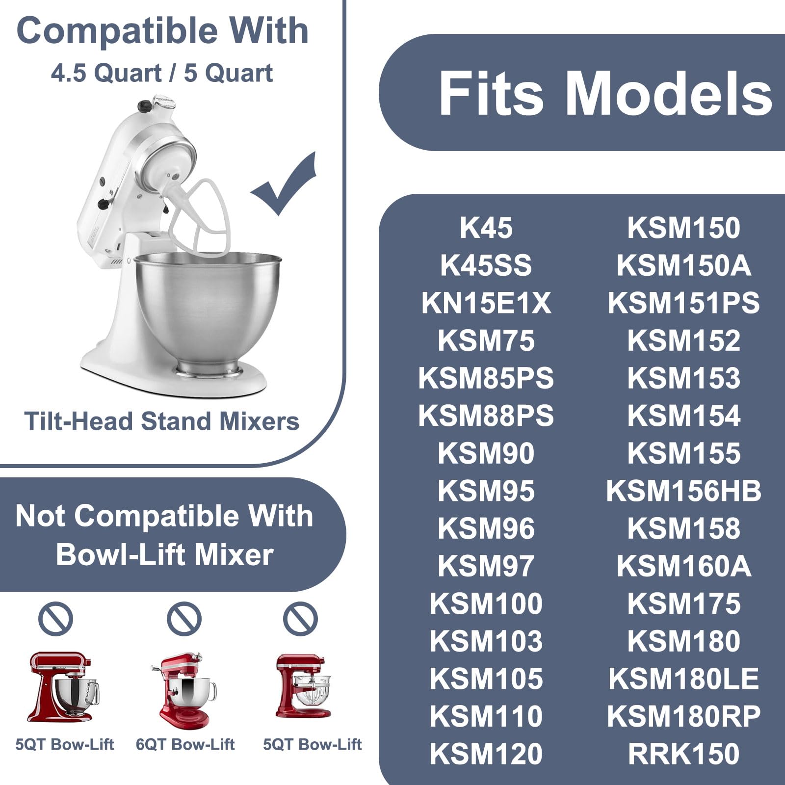 K45B Coated Flat Beater For Kitchenaid Stand Mixer,4.5 5 Quart Flat Beater Replacement For Kitchenaid Mixer Attachments,White