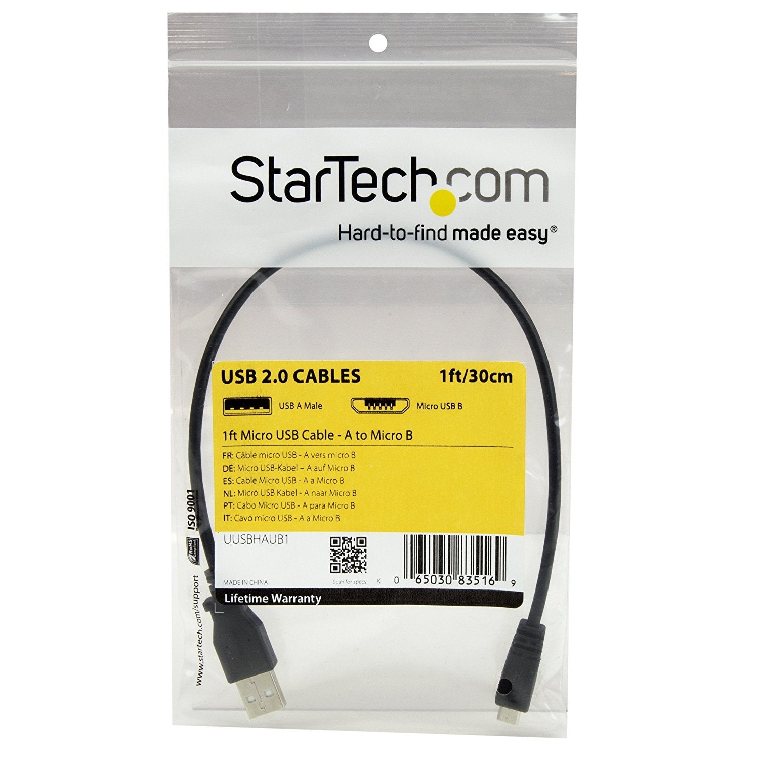 Startech.Com 1 Ft. (0.3 M) Usb To Micro Usb Cable - Usb 2.0 A To Micro B - Black - Micro Usb Cable (Uusbhaub1)