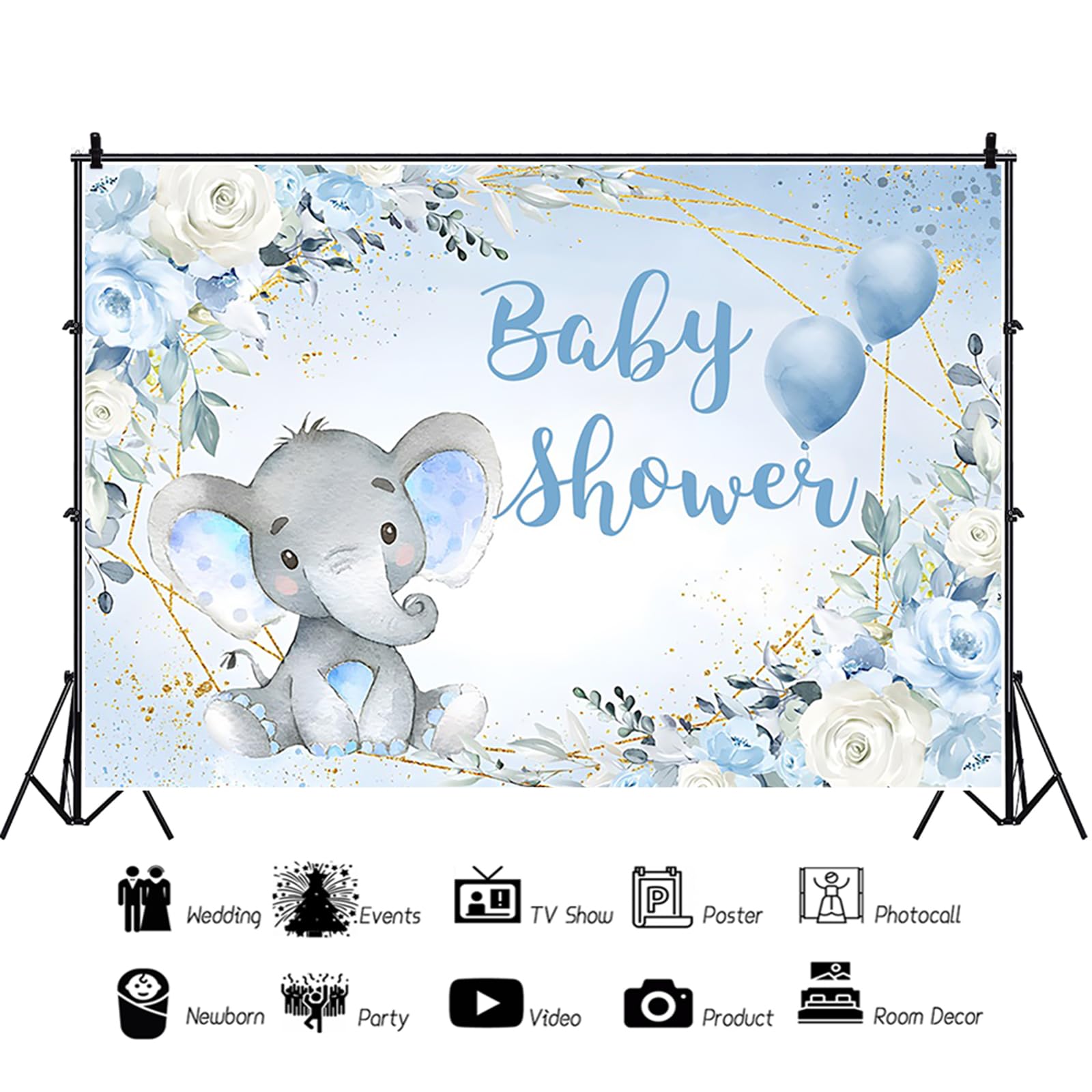 7X5Ft Elephant Boy Baby Shower Backdrop Blue Flower Elephant Baby Shower Party Photography Background For Newborn Baby Banner De