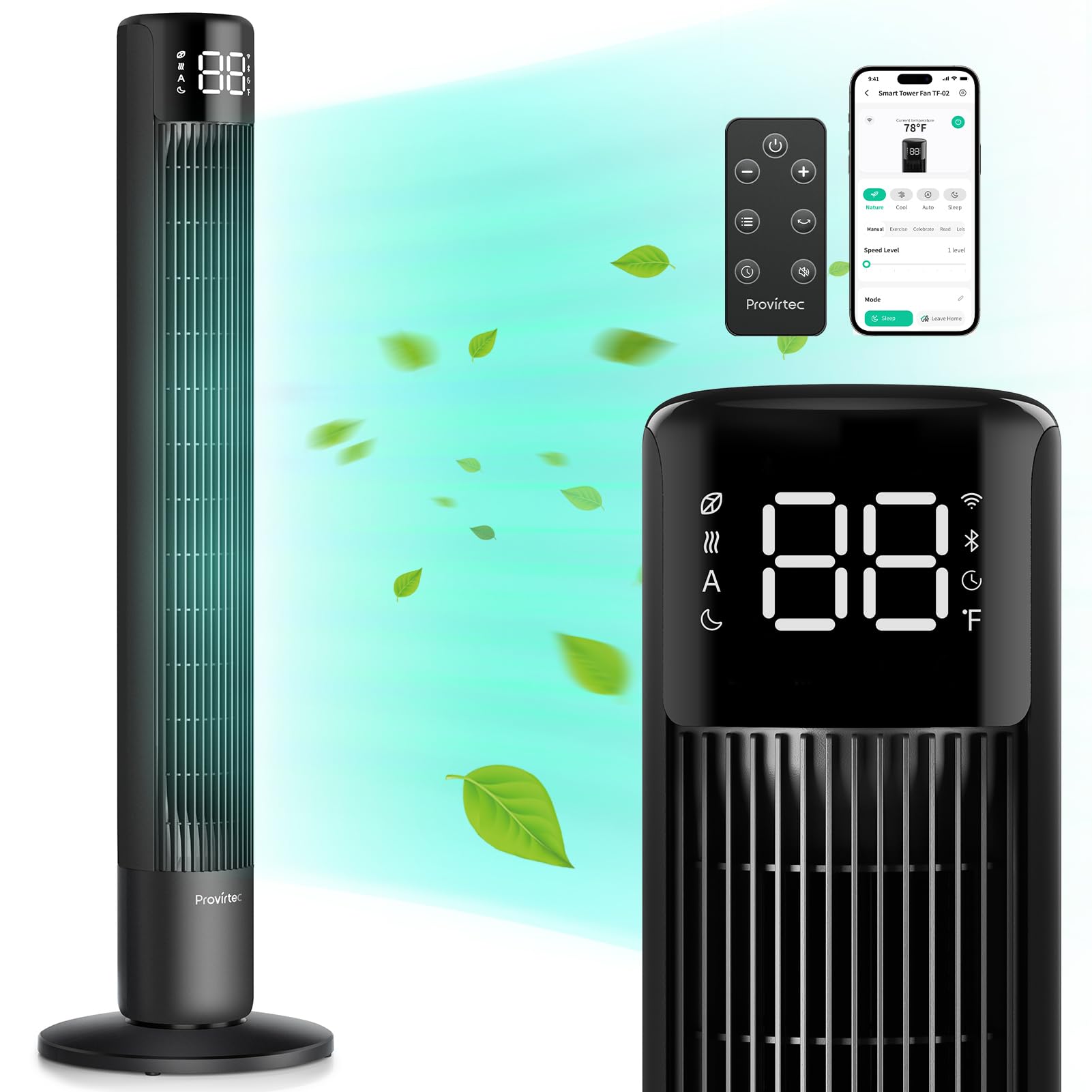 Provirtec Tower Fan for Bedroom 43 inch with 120 Oscillating Quiet Cooling Tower Fan for Home, Stand up Fan with Remote & APP, S