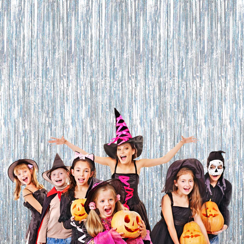 Btsd Home 4 Pack Laser Silver Foil Fringe Curtain Holographic, Metallic Photo Booth Tinsel Backdrop Door Curtains For Wedding Bi