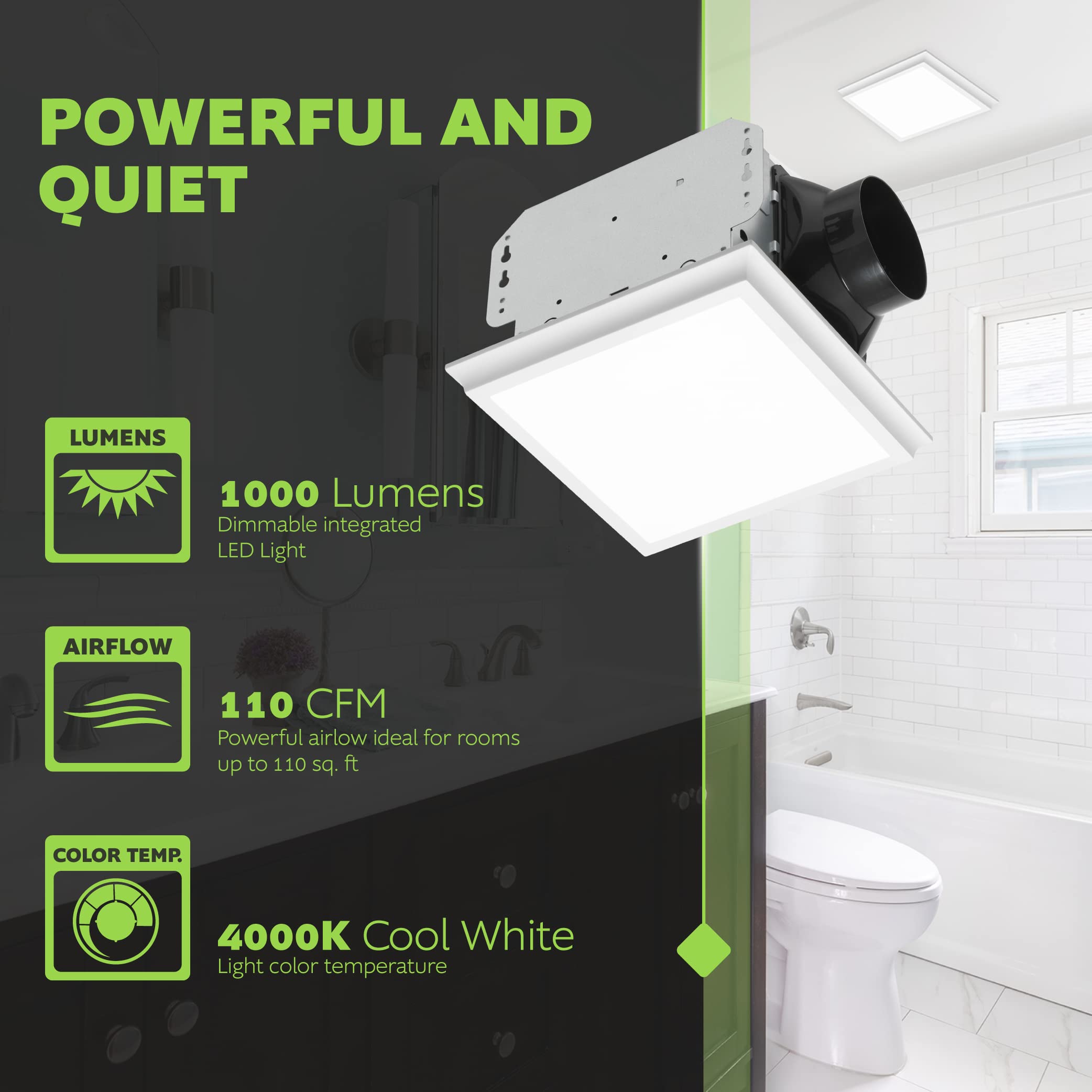 Homewerks 7141 110 G4 Bathroom Fan Integrated Led Light Ceiling Mount Exhaust Ventilation Whisper Quiet 2.0 Sones 110 Cfm, White