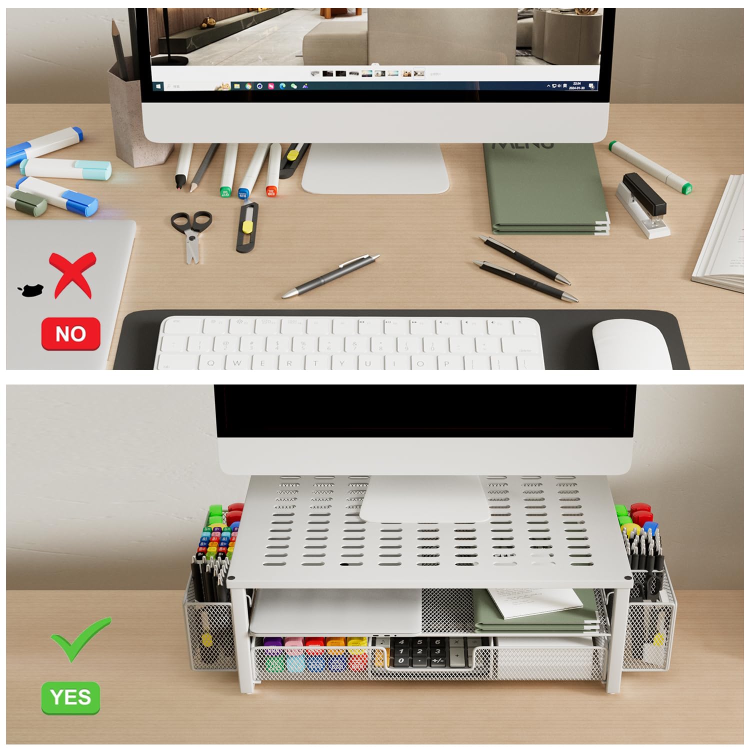 Gianotter Monitor Stand Riser, Desk Organizer With Drawer And Pen Holder, 2 Tier Computer Stand, Desk Accessories & Workspace Or