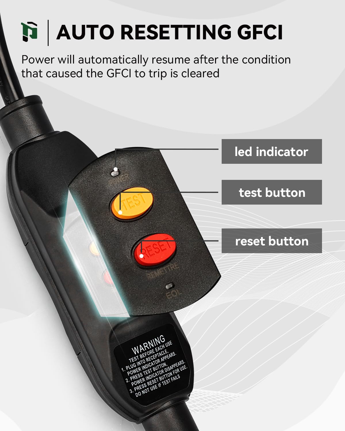 Plugtul 3Ft Gfci Extension Cord With 3 Outlet, Auto Reset, 12/3 Outdoor Extension Cord With Lighted End, Sjtw, Etl Listed, Black