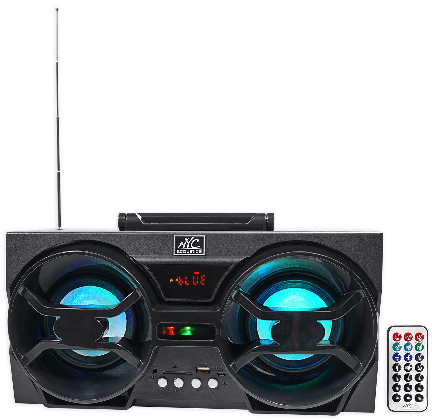 Nyc Acoustics Npb3 Dual 4'' Portable Bluetooth Boombox Speaker+Usb/Sd/Led+Remote, Black