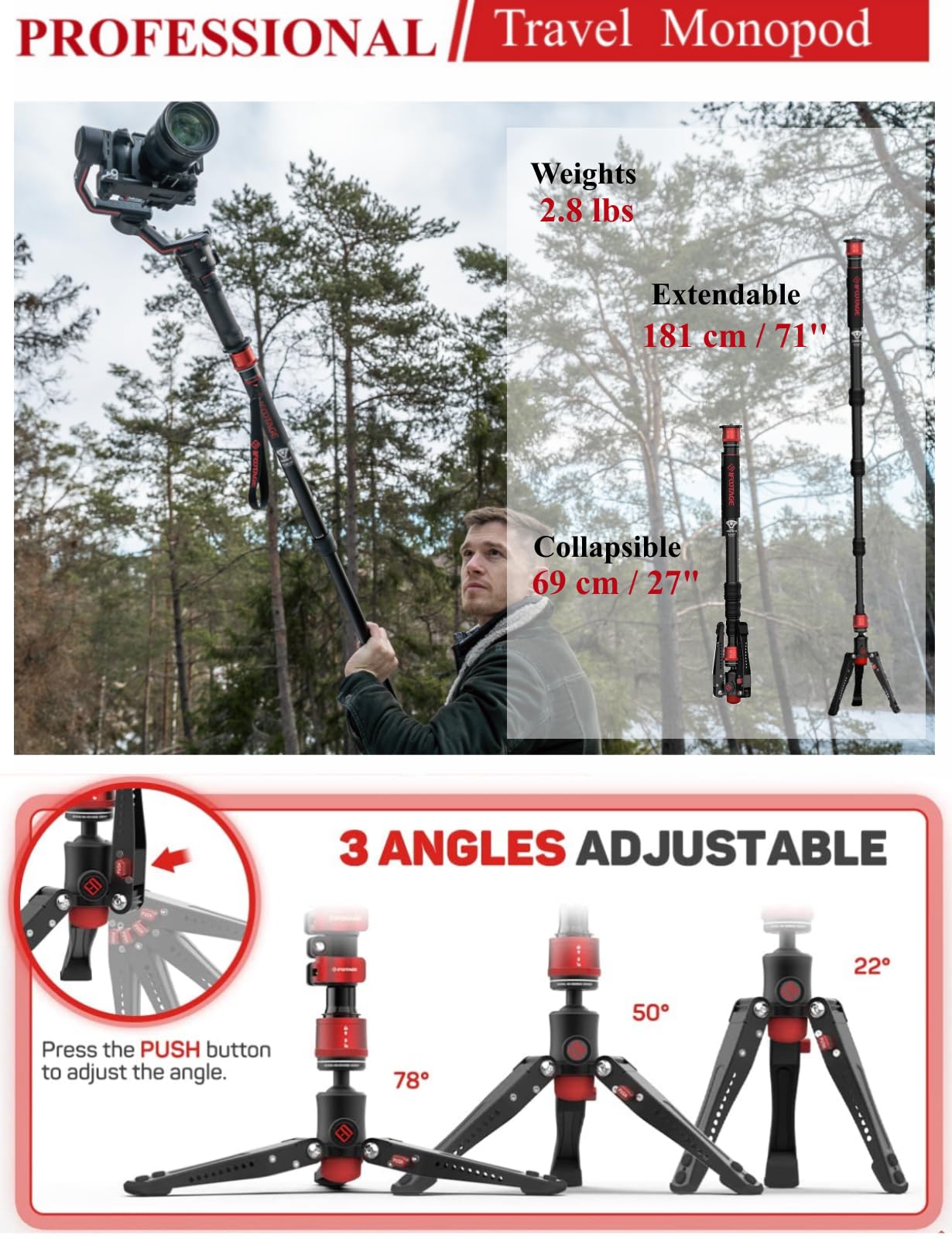 Ifootage Cobra 3 A180T Monopod, 71'' Aluminum Travel Monopod With Feet, Telescopic Video Monopod Compatible With Sony Canon Niko