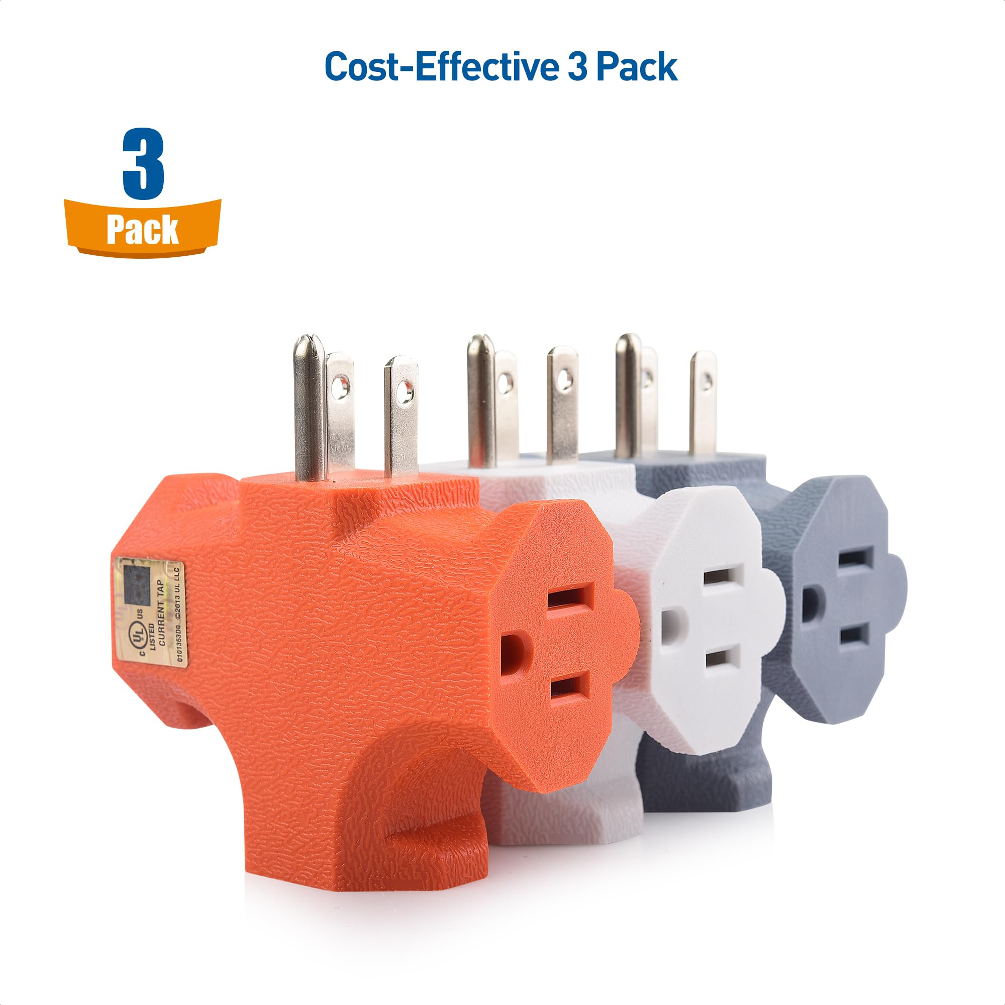 [Ul Listed] Cable Matters 3 Pack 3 Way Plug Adapter 15A 1875W In Combo Colors (3 Prong 3 Outlet Adapter, Power Splitter Plug Out