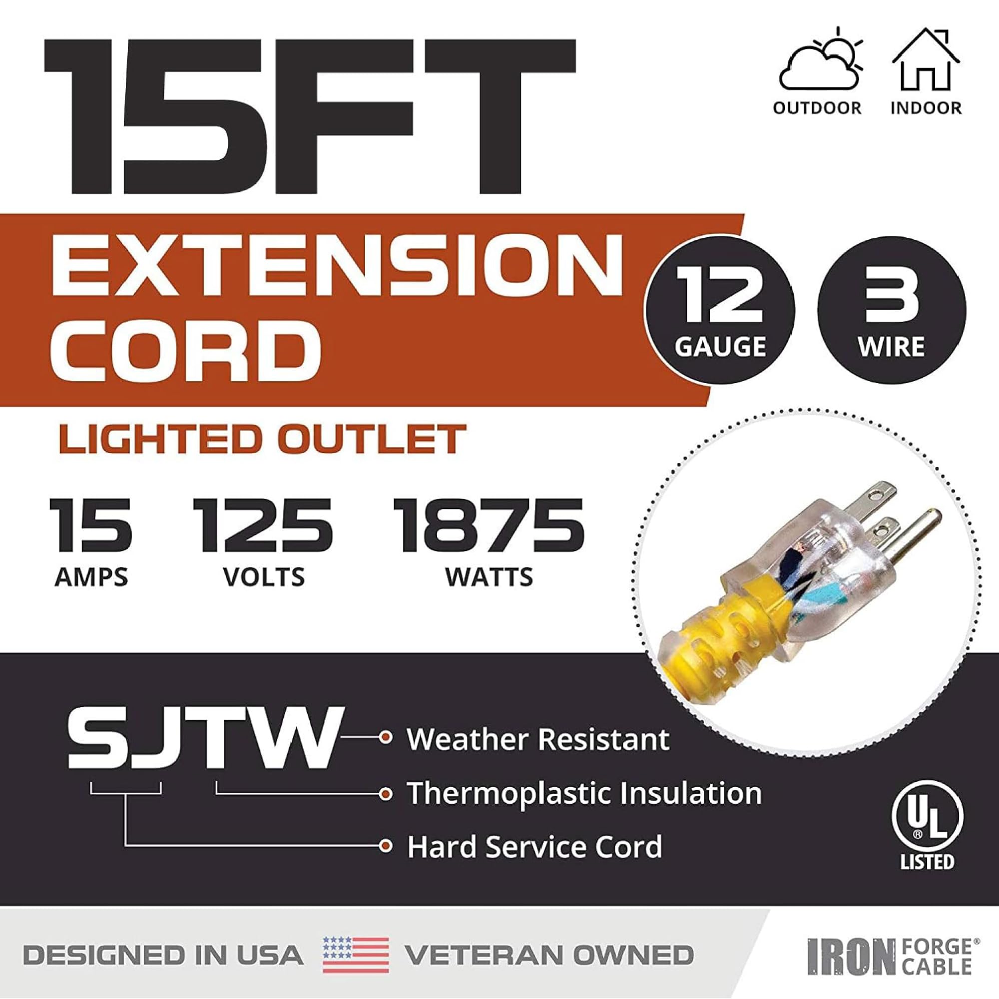 Iron Forge Cable Lighted Outdoor Extension Cord 15 Ft 2 Pack   12 Gauge 15 Amp Heavy Duty Power Extension Cords   Sjtw   Great F