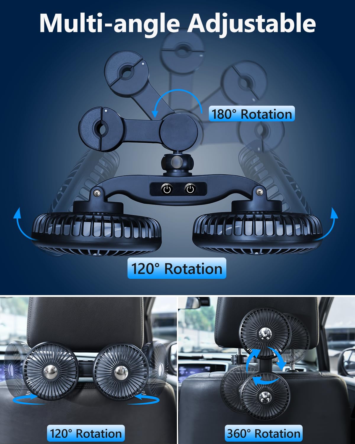 Dicmky Dual Head Car Cooling Fan For Back Seat, Usb Powered 3 Speeds Rotatable Car Seat Headrest Fan For Kids Baby Rear Facing,