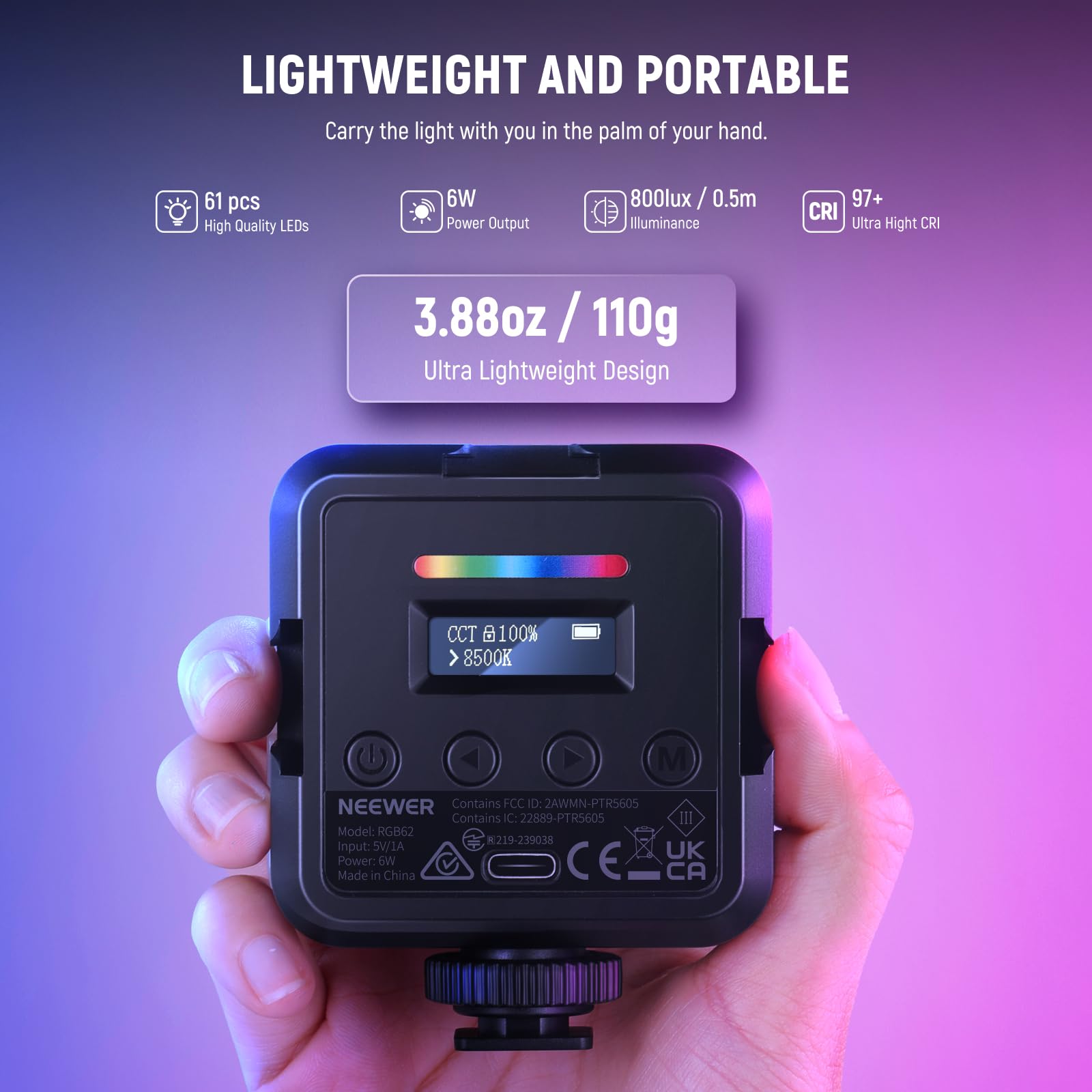 Neewer Rgb62 Magnetic Rgb Video Light With Upgraded App Control, 360 Full Color Led Camera Light With 3 Cold Shoes Cri97+ 2500K
