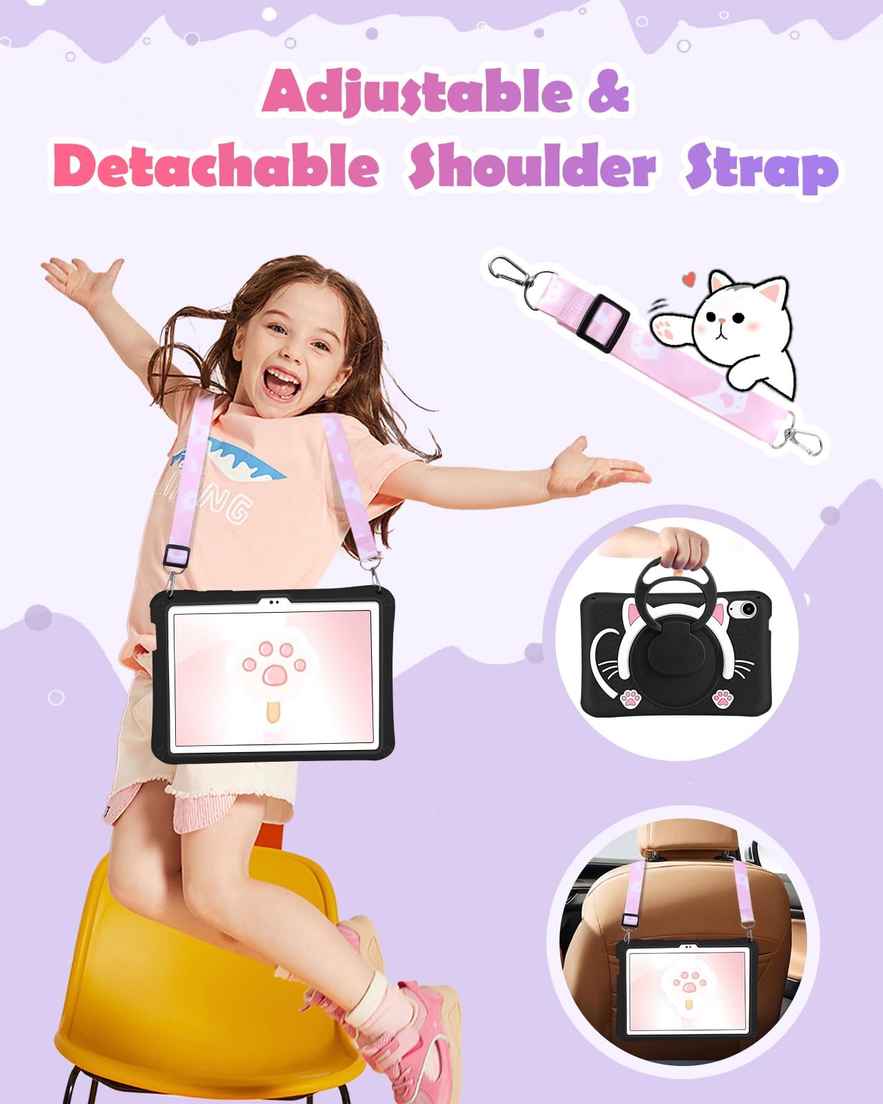 Wazzasoft For Ipad Mini 6 Case 8.3 Inch Girls Cute Black Cat Cover Girly Kawaii 3D Cartoon Women Kitten With Rotating Handle Sta