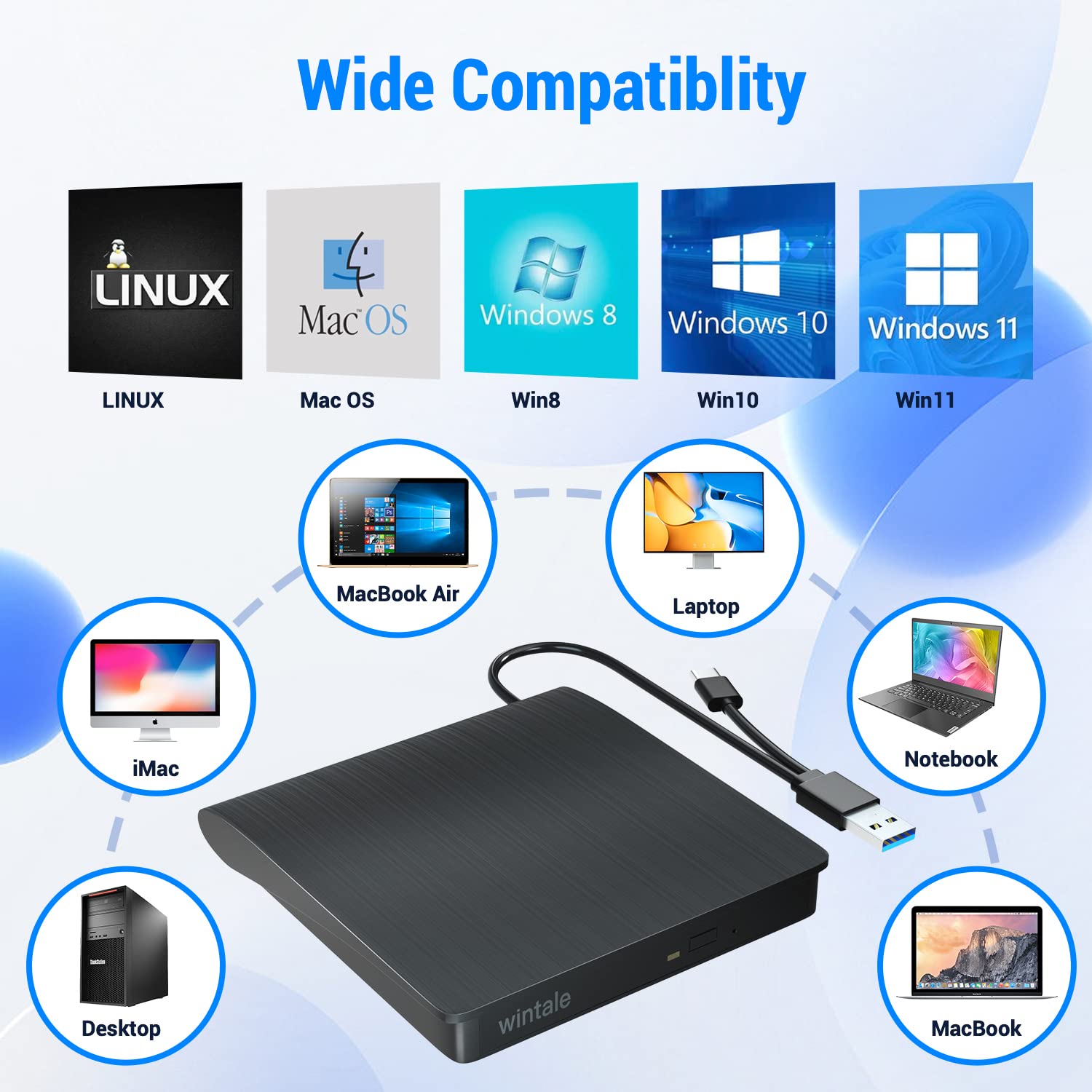 Wintale External Bluray Dvd Drive,Portable 3D Blu Ray External Dvd Drive With Usb 3.0 And Type C Dual Port, External Blu Ray Pla