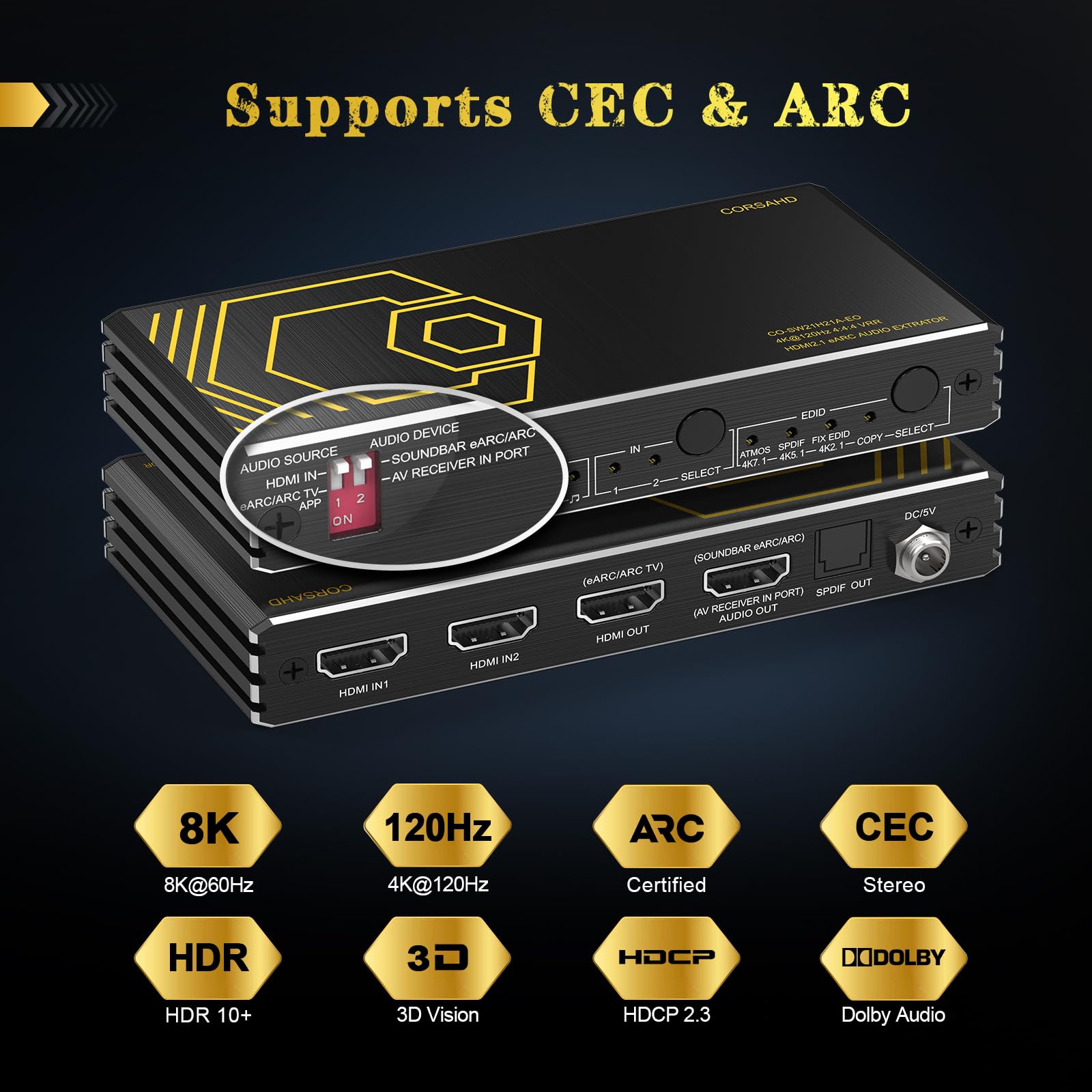 8K@60Hz 4K@120Hz Hdmi2.1 Switch 2 In 1 Out With Audio Extractor Earc,Arc,7.1Ch,Spdif 5.1Ch,48Gbps,Hdcp2.3 Bypass,Vrr,Ir,3D,Hdr 1