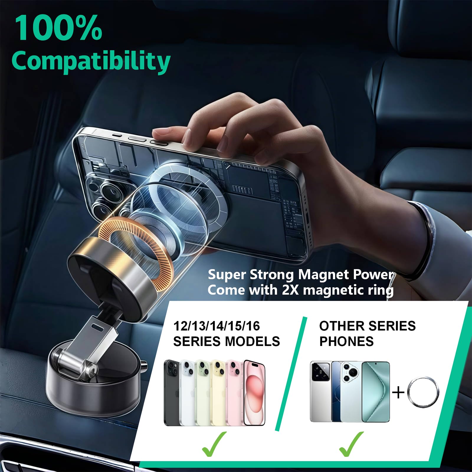 Vacuum Suction Magnetic Phone Holder, Rotatable Magnetic Suction Cup Phone Mount, For Car/Mirror/Smooth Surface, Foldable And Re