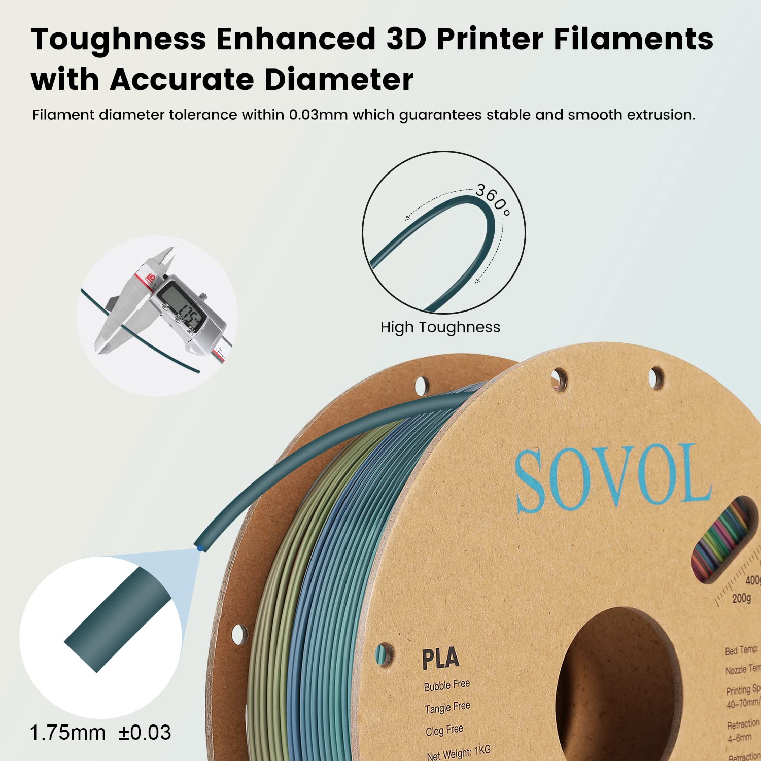 Sovol 3D Printer Silk Shiny Multicolored Fast Change Rainbow Pla 1 Kg (2.2 Lbs) Spool 3D Printing Materials, Wiring Tightness, D