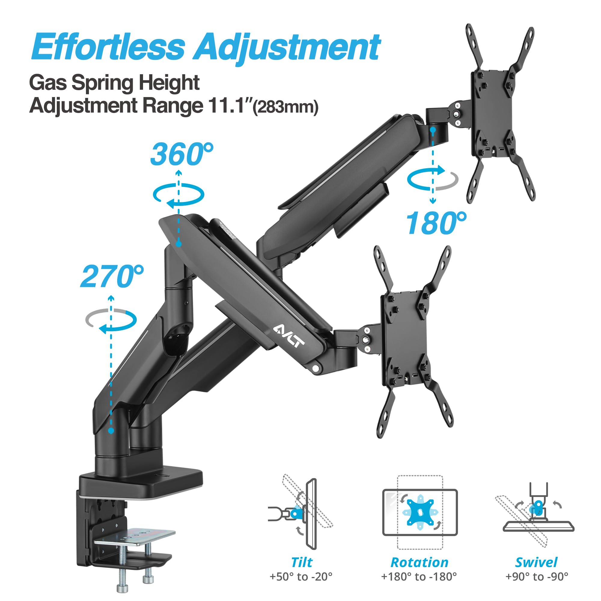 Avlt Rgb Lights Dual 17    43    Gaming Monitor Arm Desk Mount, Fits Two Flat/Curved/Ultrawide Screen Up To 44Lbs(20Kg), Height