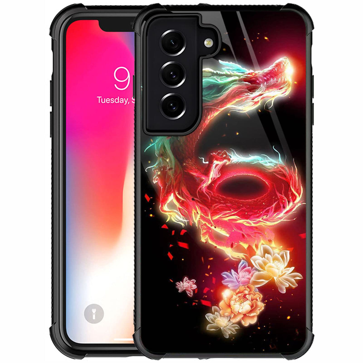 Carloca Compatible With Samsung Galaxy S21 Case,Flower And Dragon Pattern Design For Girl Boy Shockproof Anti Scratch Case For S