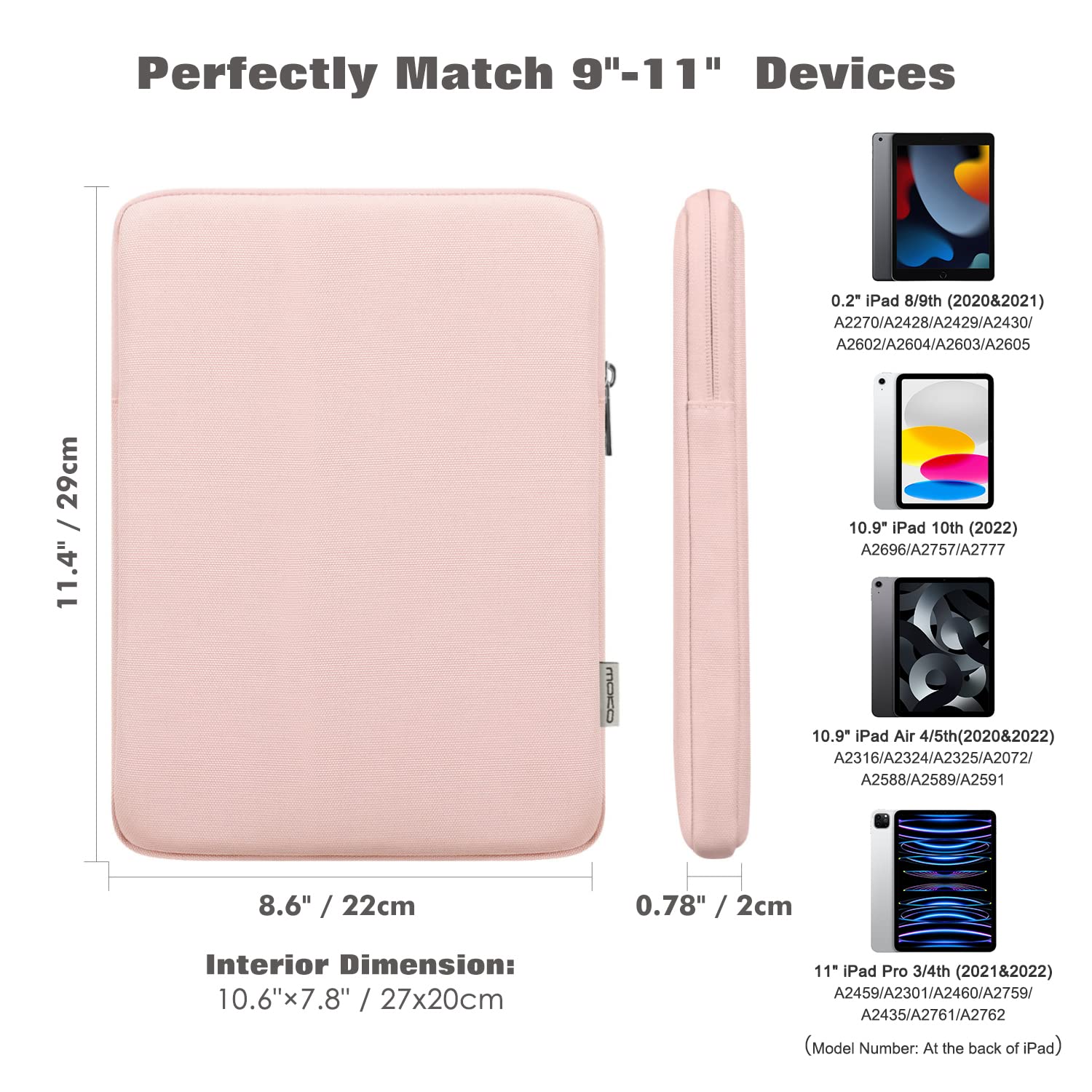 MoKo 9 11 Inch Tablet Sleeve Bag Carrying Case Fits iPad air 5 10.9' 2022,iPad Pro 11 M2 2022 2018,iPad 10th 10.9,iPad 9/8/7th Gen 10.2,iPad Air 4 10.9/Air 3 10.5,Tab S8/S9 11', Baby Pink