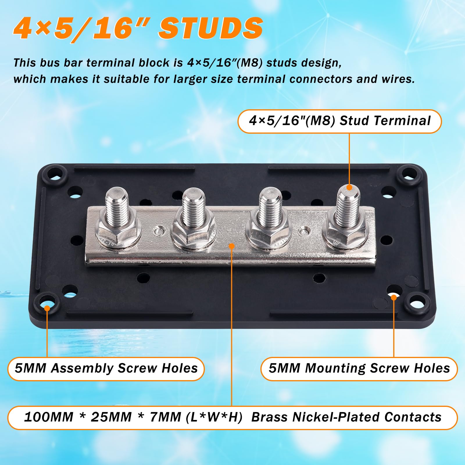 300A Heavy Duty Module Bus Bar 12V 24V 48V Dc Power Distribution Block With 4 X 5/16'' (M8) Studs, Gift 12Pcs Cable Lugs And 20P