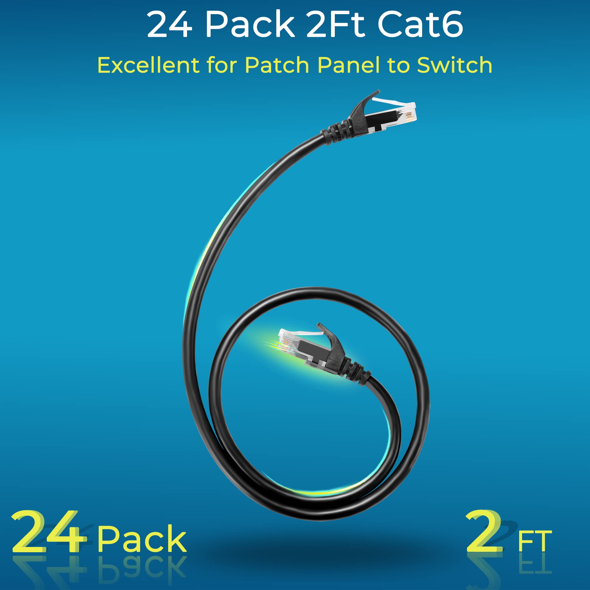 Rapink Patch Cables Cat6 2Ft (24 Pack), Ethernet Patch Cable 10G, Cat 6 Patch Cable For Patch Panel To Switch, Flexiable Cat 6 Ethernet Cable With Gold Plated Black