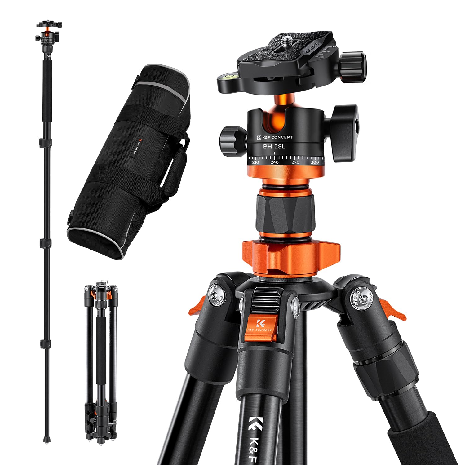 K&F Concept 62 Inch Dslr Camera Tripod,Lightweight And Compact Aluminum Detachable Monopod Tripod With 360 Panorama Ball Head Quick Release Plate For Travel And Work K254A1+Bh 28L (Sa254M1)