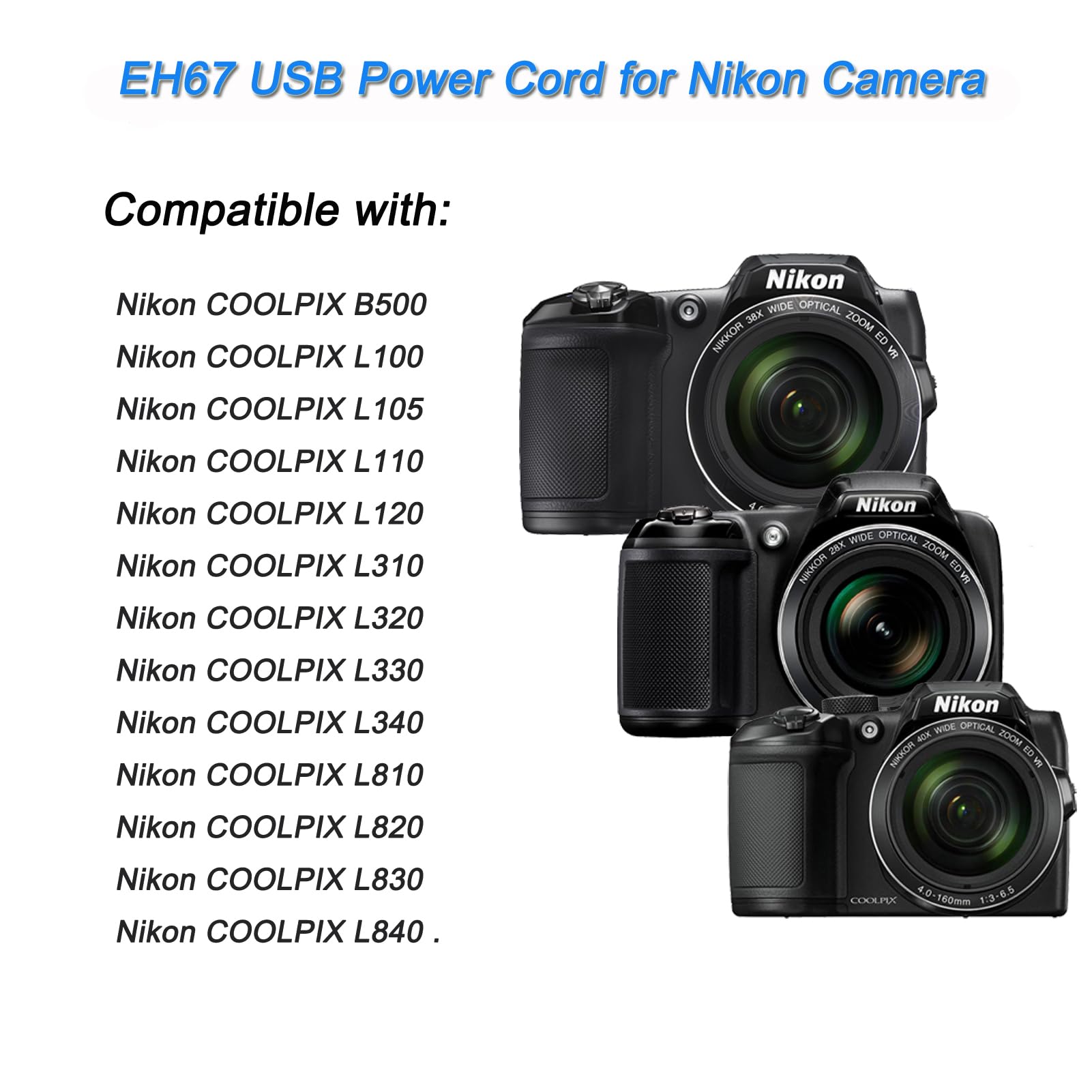 Tkdy Eh 67 Usb Cable Charging Cord, Eh67 Ac Power Adapter, For Nikon Coolpix L100 L105 L110 L120 L310 L320 L330 L340 L810 L820 L830 L840 B500 Cameras.