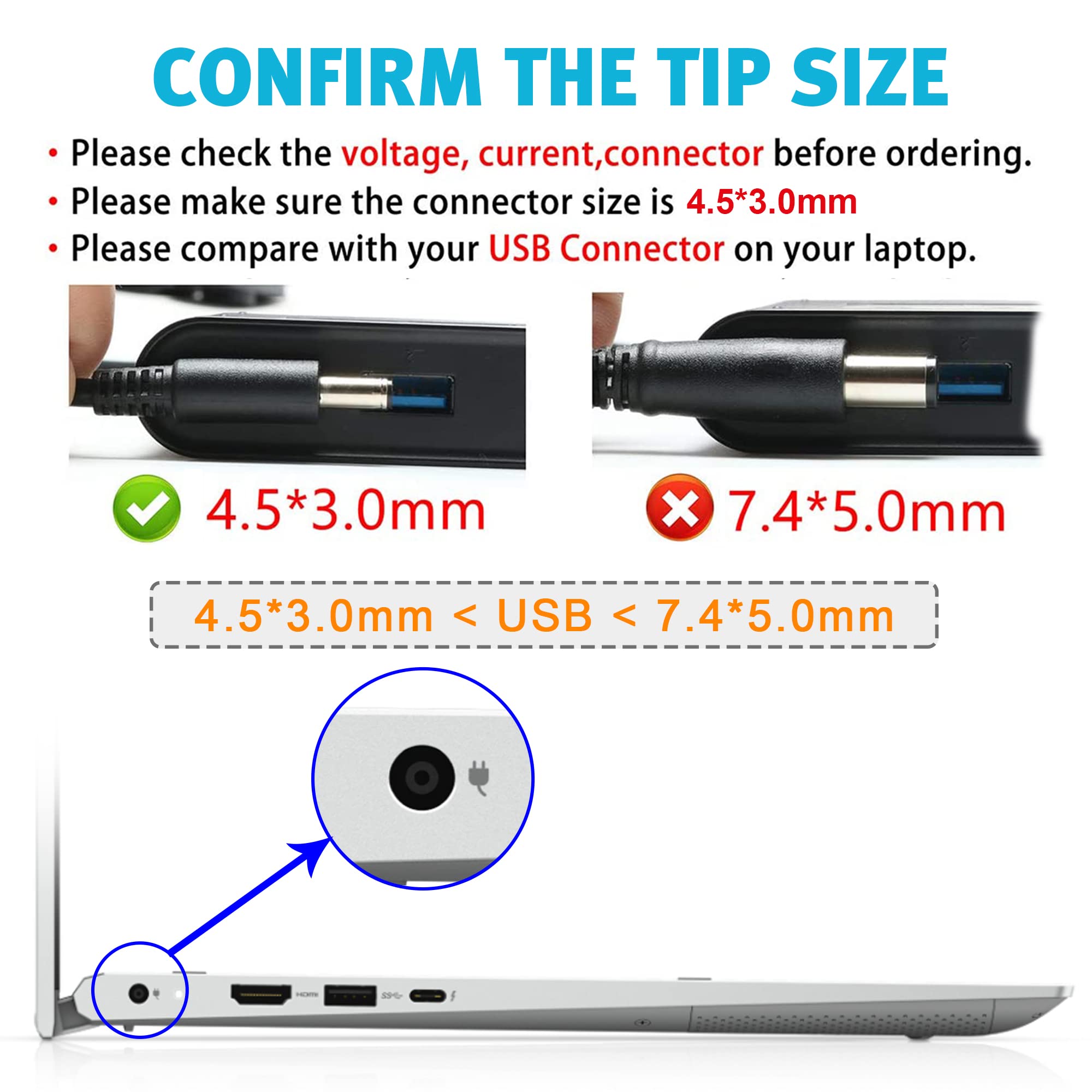 Replacement For 45W Dell Ac Adapter Laptop Charger For Dell Inspiron 13 14 15 3000 5000 7000 Series 14 5000 13 7000 13 5000 17 7