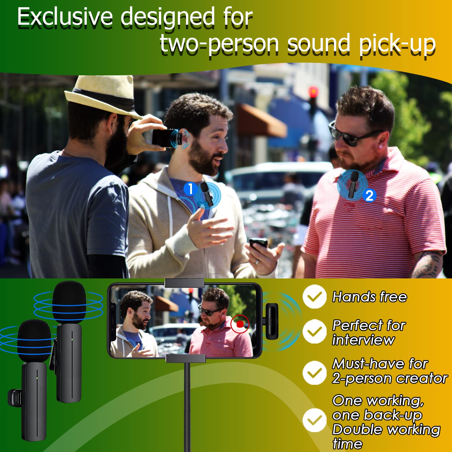 2 Pack Wireless Mini Lavalier Lapel Microphone For Iphone,Ipad   Cordless Double Mics Plug And Pick Up 2.4G Ultra Low Delay Buil