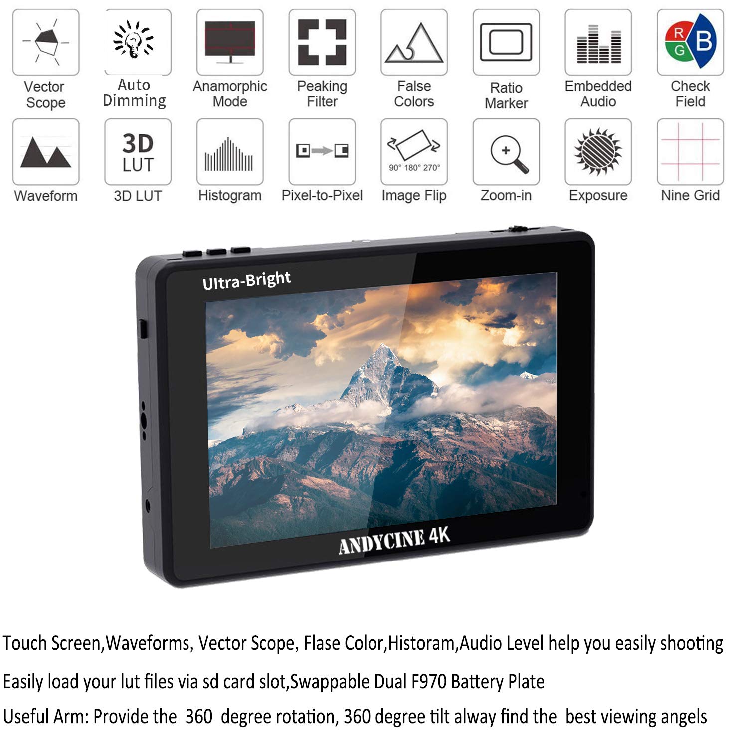 Andycine C7 Field Camera Monitor 7    2200Nits 1920X1200 Touch Screen + Battery&Charge Cable+Mini&Micro Hdmi Cords+Carry Case Ca