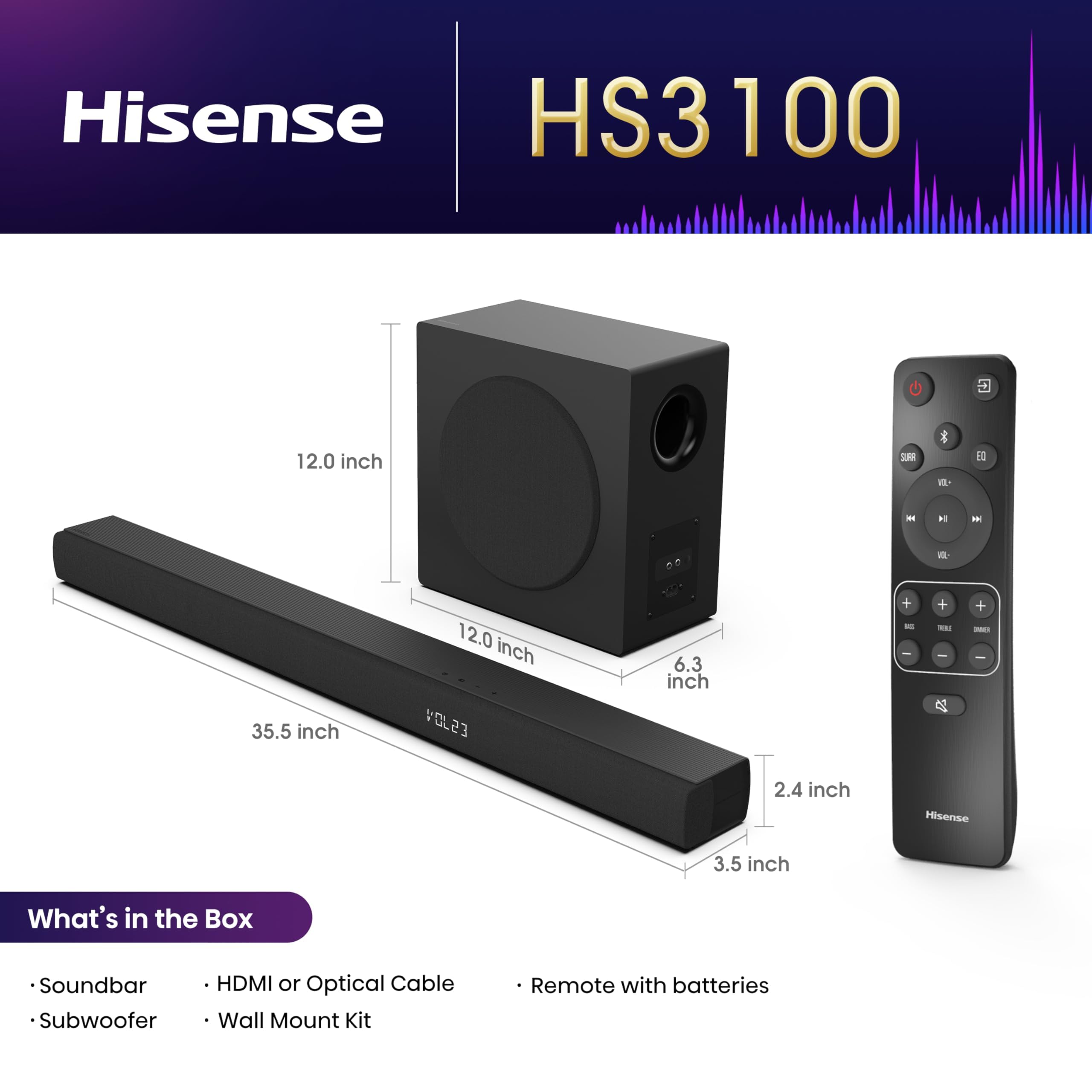 Hisense Hs3100 3.1Ch Sound Bar With Wireless Subwoofer, 480W, Dts Vritual: X, Dolby Digital Plus, Bluetooth 5.3, Ezplay, Roku Tv