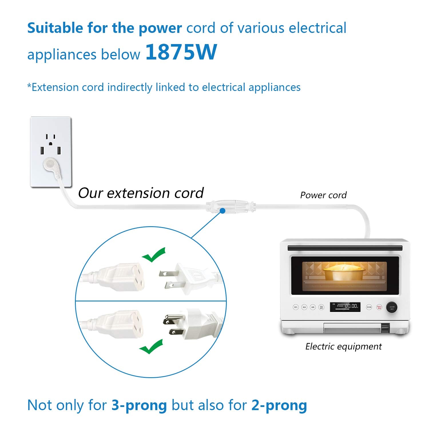 Firmerst 1875W Flat Plug 1Ft Extension Cord 15A For Kitchen Home Appliance Office White (3 Pack)