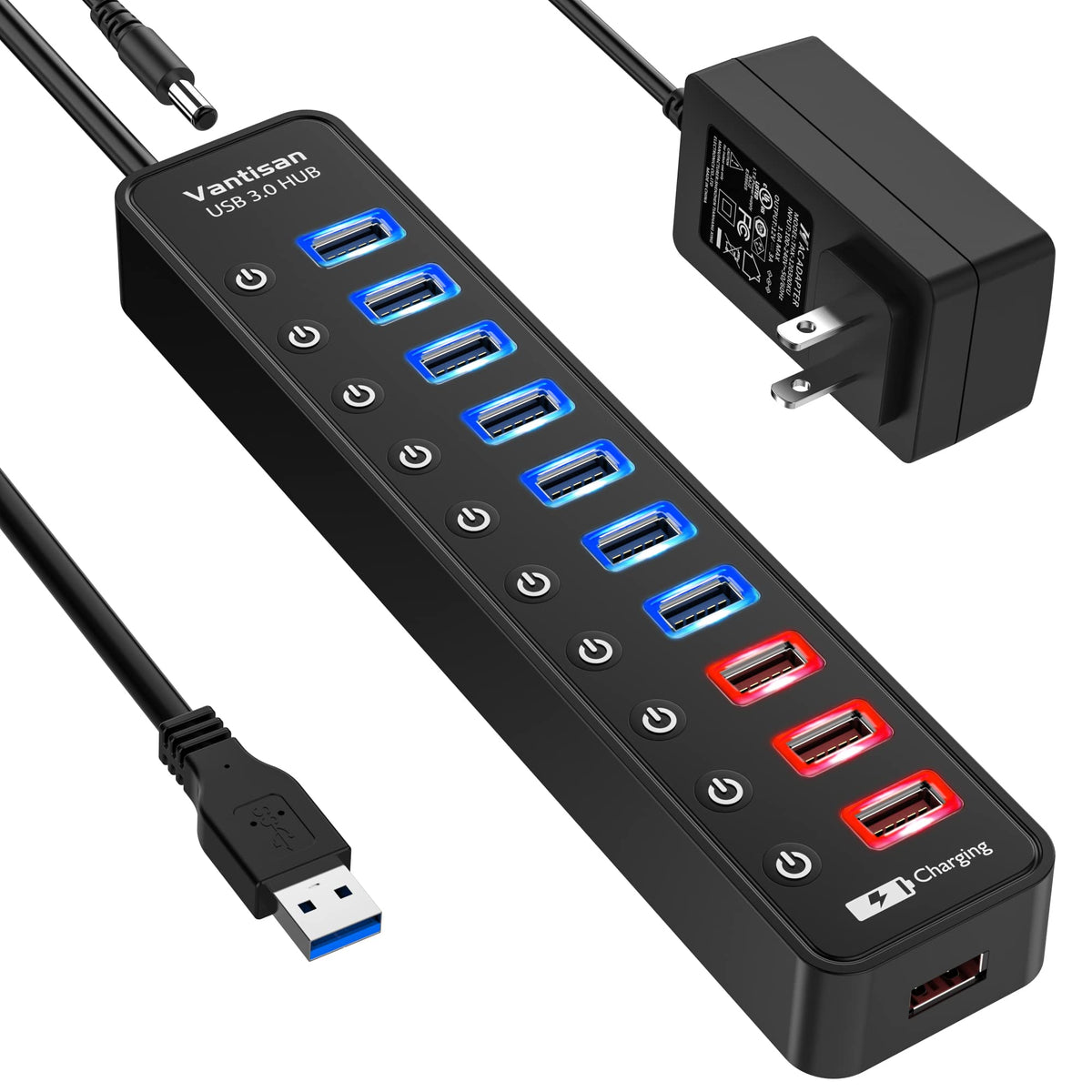 Vantisan Powered Usb 3.0 Hub, 11 Port Usb Hub Splitter Extension 7 Usb 3.0 Data Ports + 4 Smart Charging Ports With Individual L